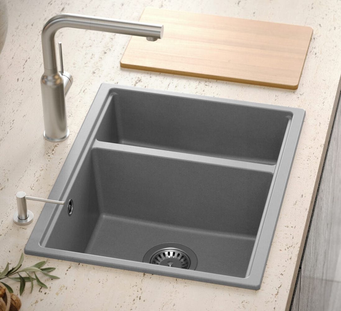 Chiuvetă din granit Logan 150 Quadron, gri metalic, ventil auriu