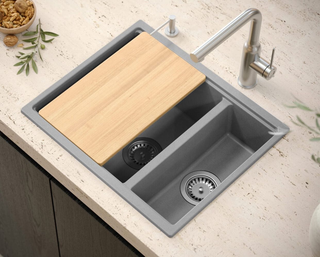Chiuvetă din granit Logan 150 Quadron, gri metalic, ventil auriu