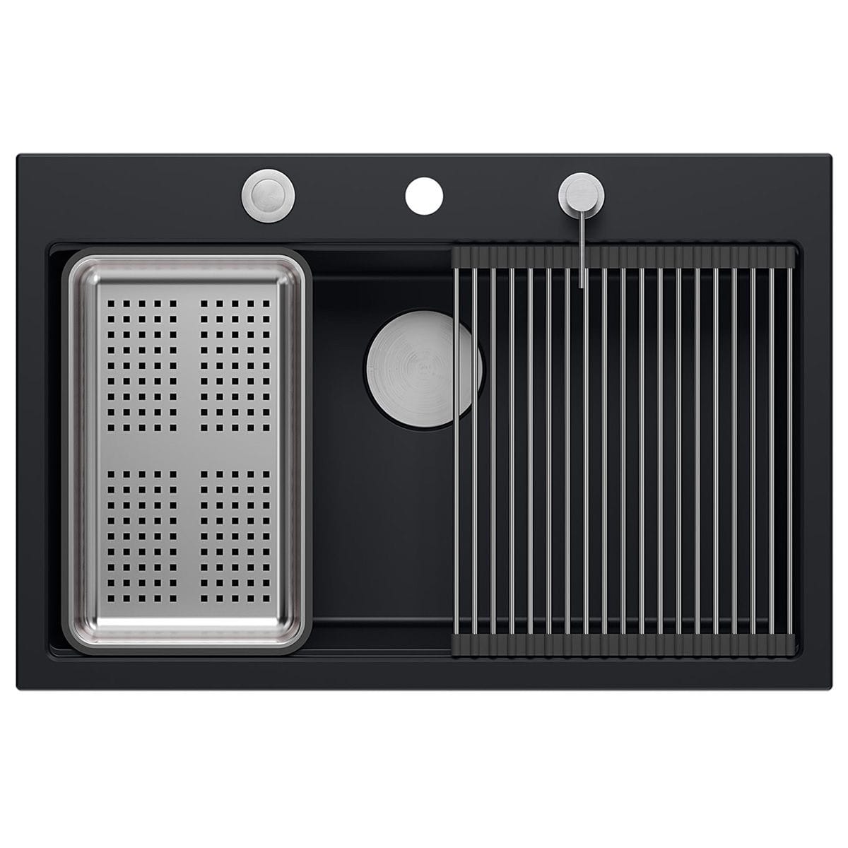 Chiuvetă din granit Marc 110 Quadron,workstation, negru, ventil si accesorii argintii