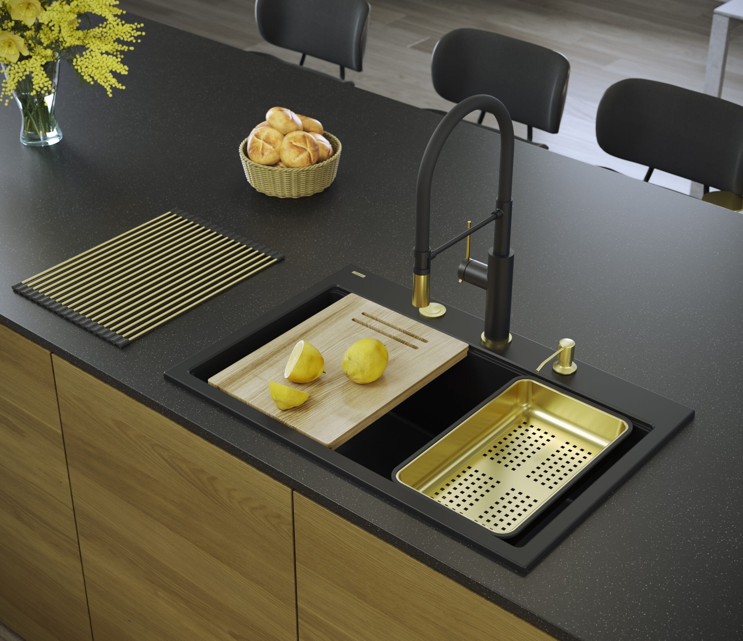 Chiuvetă din granit Marc 110 Quadron,workstation, negru, ventil si accesorii aurii