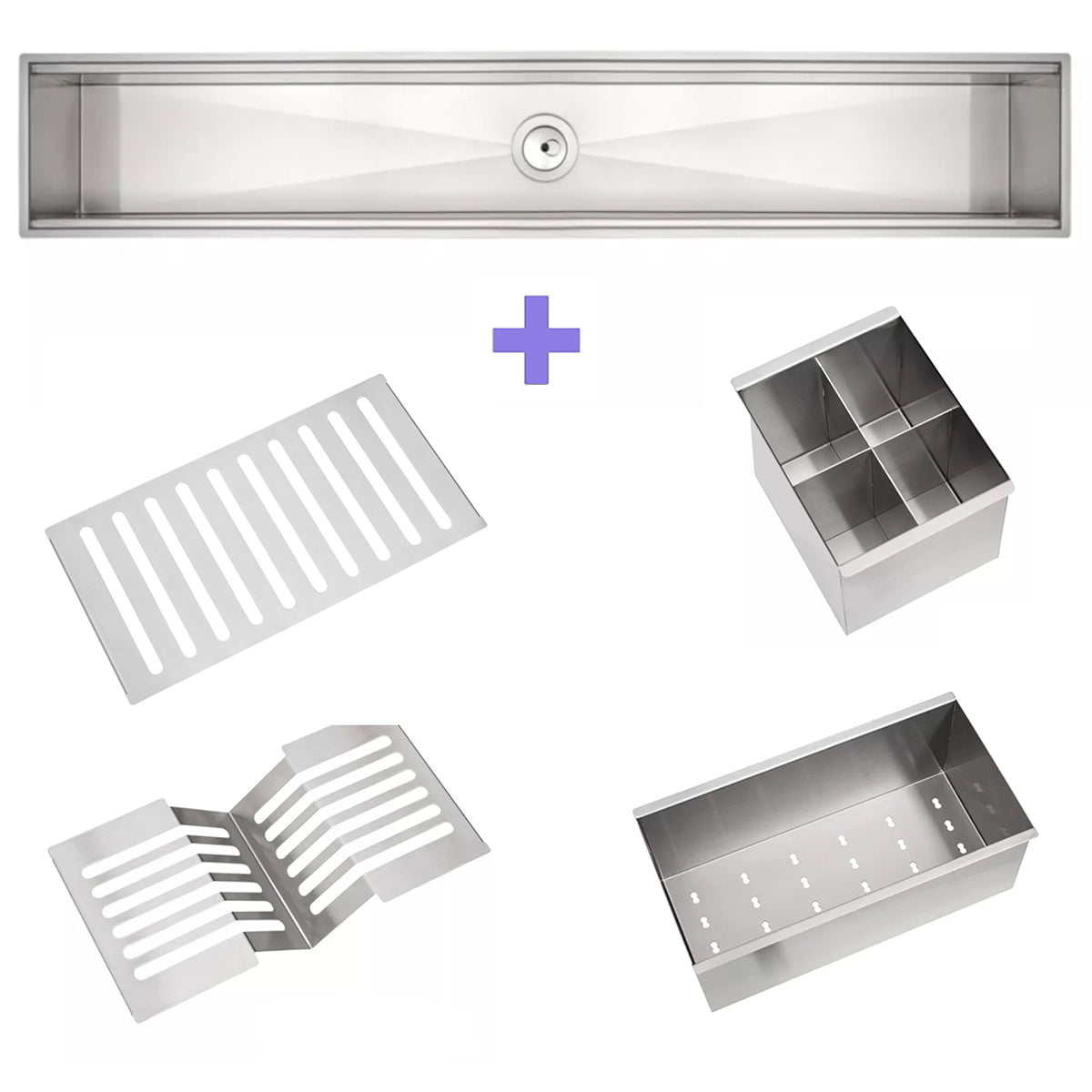 Chiuveta ingusta scurgere multifunctionala tip rigola / canal / jgheab drenare CookingAid Channel sink 108cm cu 4 accesorii incluse, 1080x194x140mm