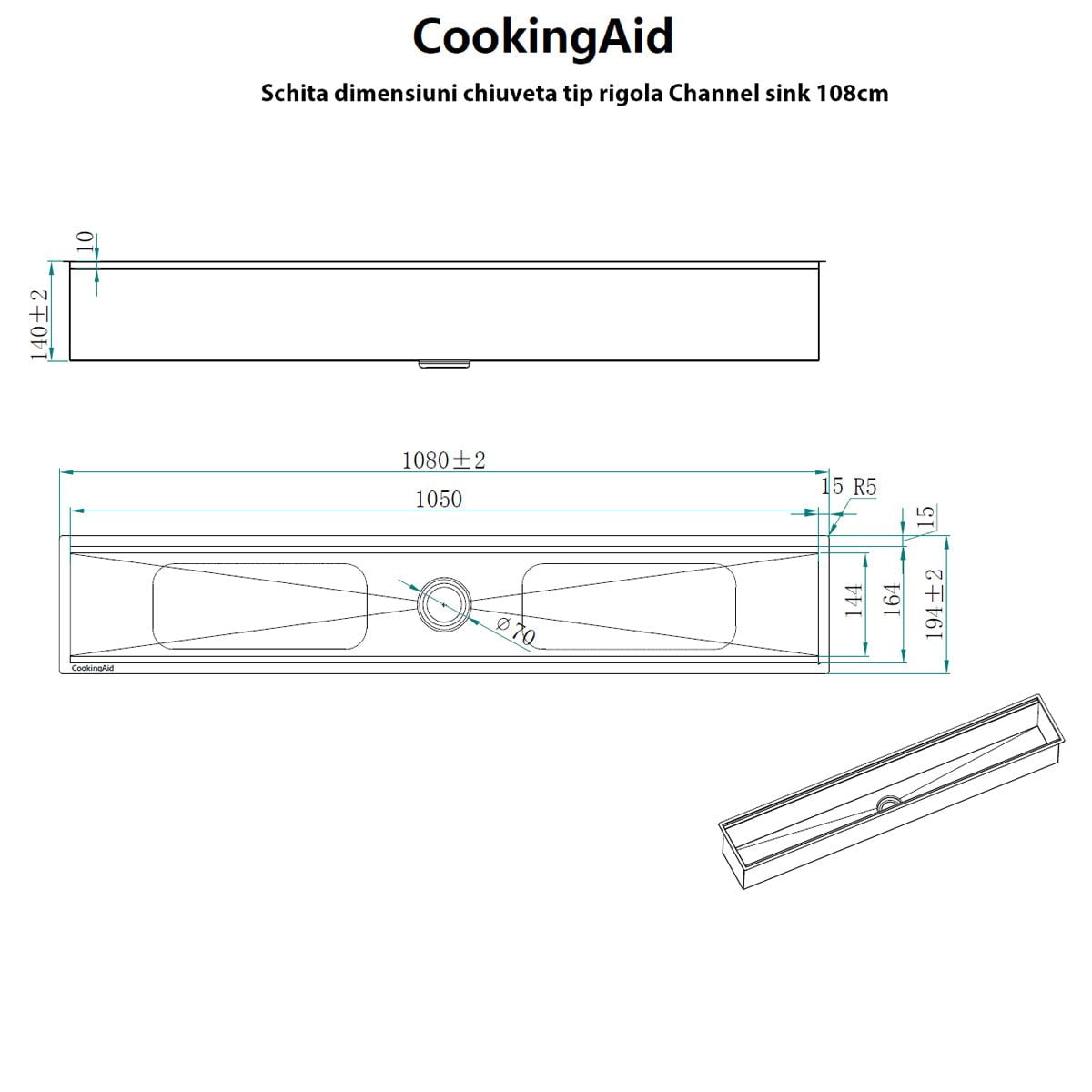 Chiuveta ingusta scurgere multifunctionala tip rigola / canal / jgheab drenare CookingAid Channel sink 108cm cu 4 accesorii incluse, 1080x194x140mm