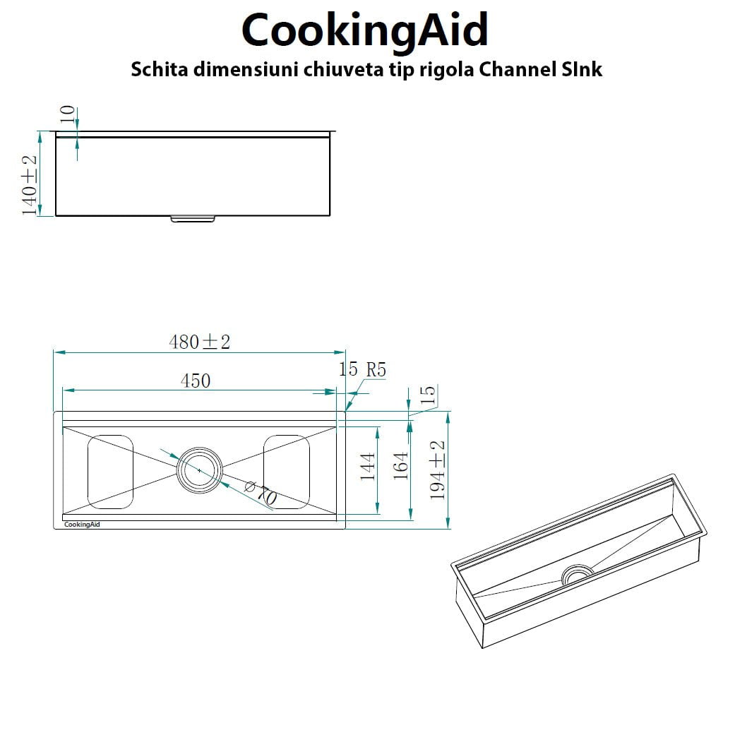 Chiuveta ingusta scurgere multifunctionala tip rigola / canal / jgheab drenare CookingAid Channel sink 48cm cu 2 accesorii incluse, 480*194*140mm