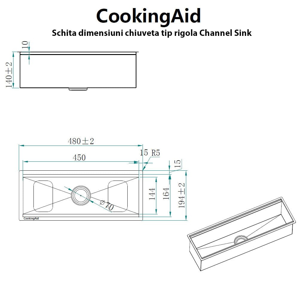 Chiuveta ingusta scurgere multifunctionala tip rigola / canal / jgheab drenare CookingAid Channel sink 63cm cu 3 accesorii incluse, 630*194*140mm