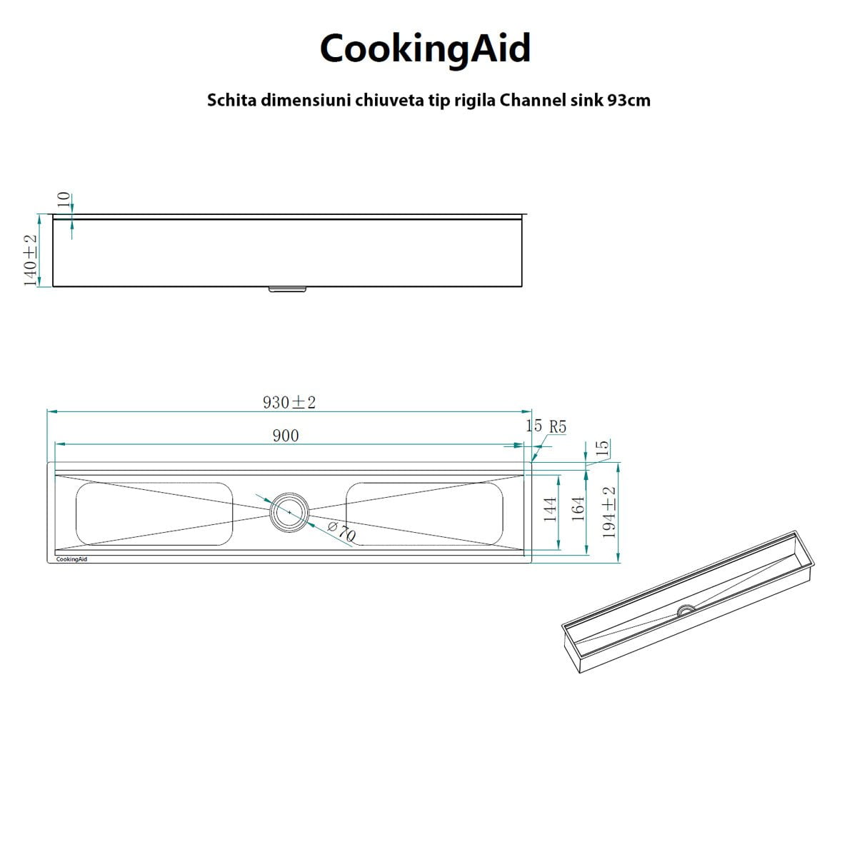 Chiuveta ingusta scurgere multifunctionala tip rigola / canal / jgheab drenare CookingAid Channel sink 93cm cu 4 accesorii incluse, 930x194x140mm