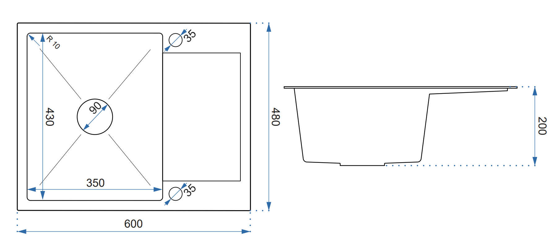 Chiuvetă Inox Quadron Luke 116, cu scurgere laterală, 600x480 mm, argintiu, fara baterie