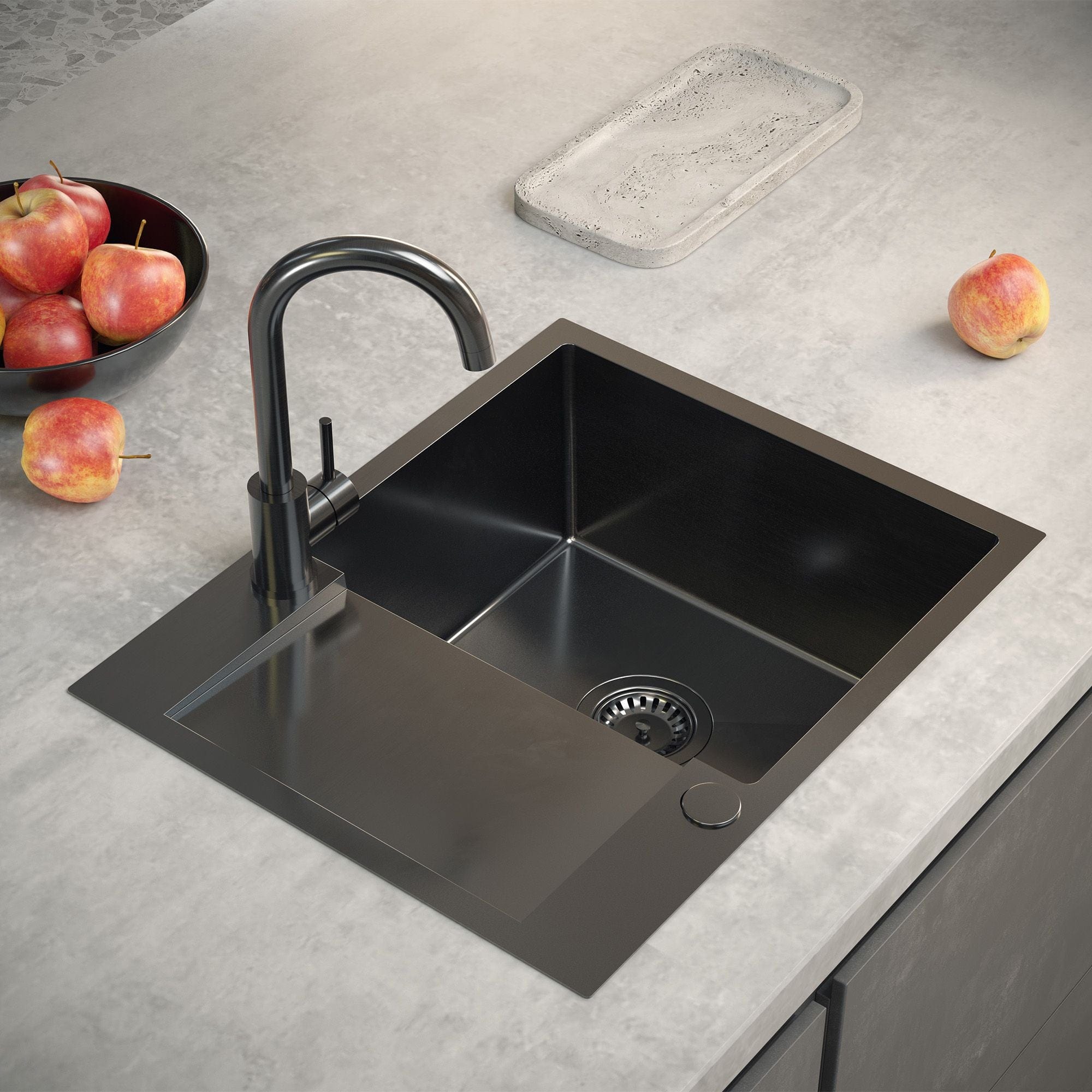 Chiuvetă Inox Quadron Luke 116, cu scurgere laterală, 600x480 mm, negru, cu baterie