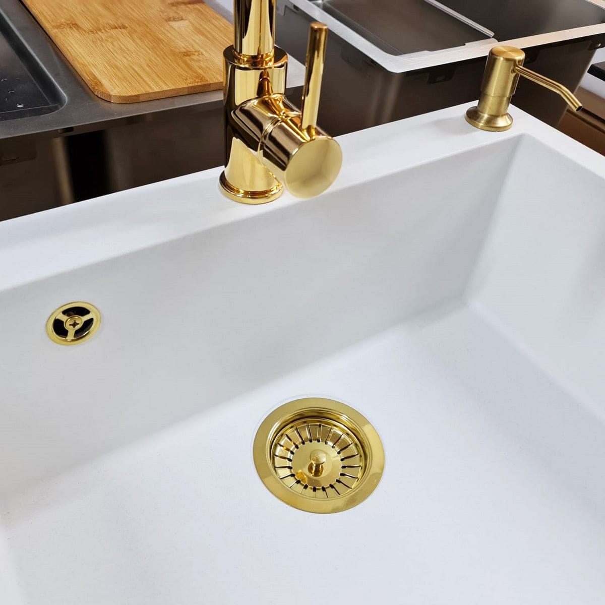 Kit de scurgere ventil si preaplin auriu, PVD Golden pentru chiuvete bucatarie cu o singura cuva Ø gaura 90mm Ø ventil 114mm, cod: 6042