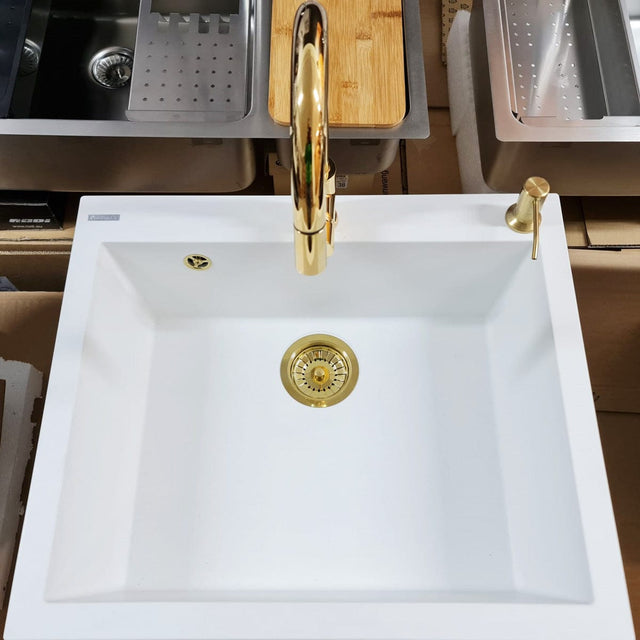 Kit de scurgere ventil si preaplin auriu, PVD Golden pentru chiuvete bucatarie cu o singura cuva Ø gaura 90mm Ø ventil 114mm, cod: 6042
