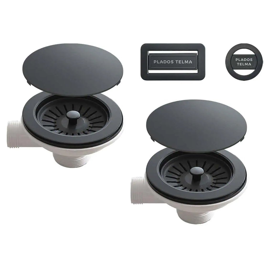 Kit de scurgere ventil si preaplin negru CookingAid Plados-Telma culoare Negru Intens / Full Black din PVC cu capac negru pentru chiuvete bucatarie cu doua cuve Ø gaura 90mm Ø ventil 114mm