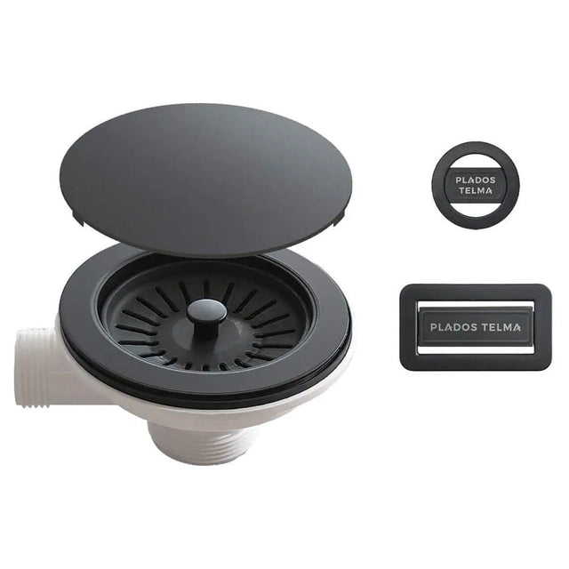 Kit de scurgere ventil si preaplin negru CookingAid Plados-Telma culoare Negru Intens / Full Black din PVC cu capac negru pentru chiuvete bucatarie cu o singura cuva Ø gaura 90mm Ø ventil 114mm