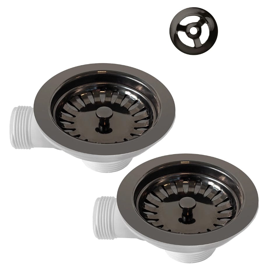 Kit de scurgere ventil si preaplin negru, PVD Black Gun Metal pentru chiuvete bucatarie, cu doua cuve Ø gaura 90mm Ø ventil 114mm, cod: 6041