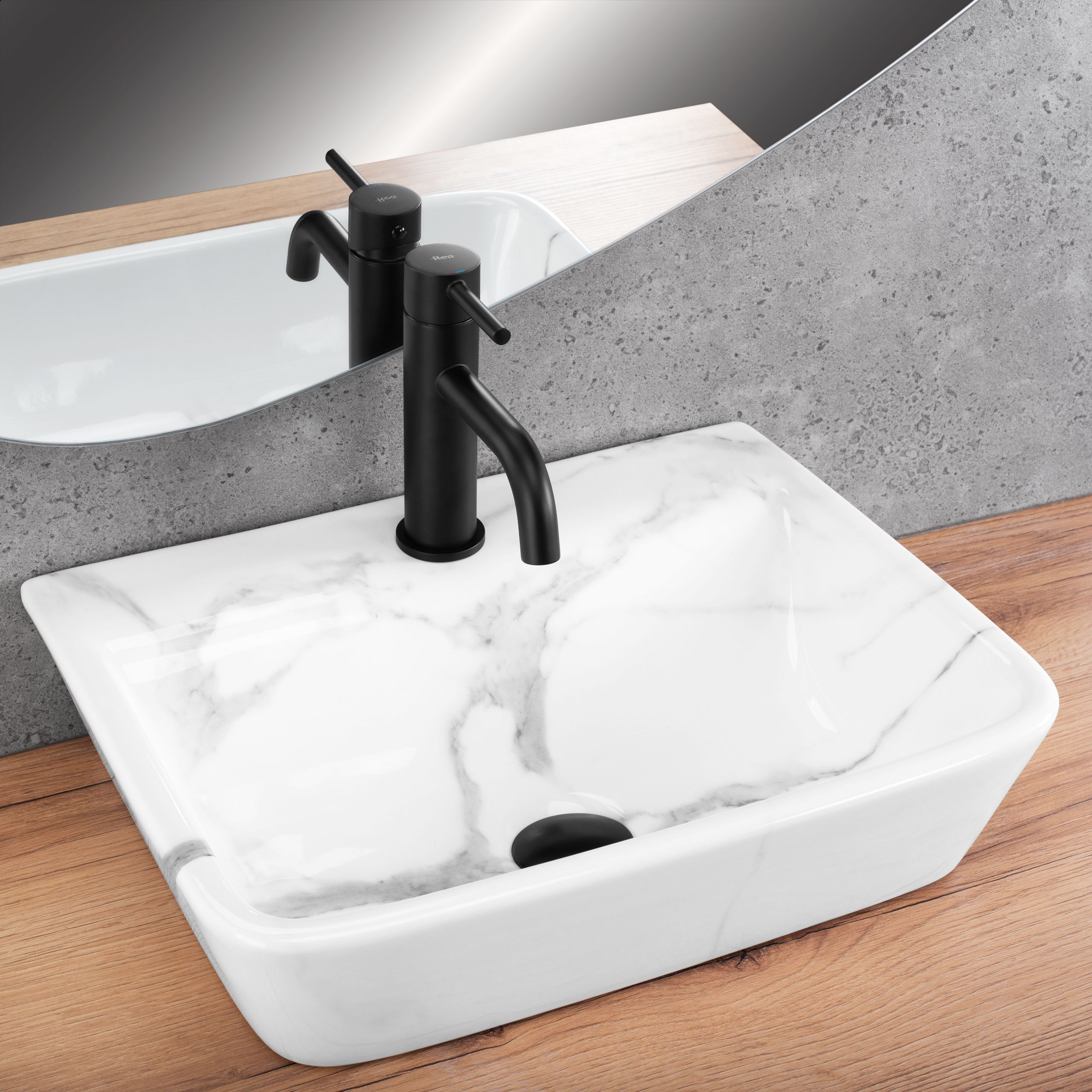 Lavoar baie pe blat dreptunghiular 45,5 cm ceramic imitație marmură alb lucios – Rea Altea Cloudy