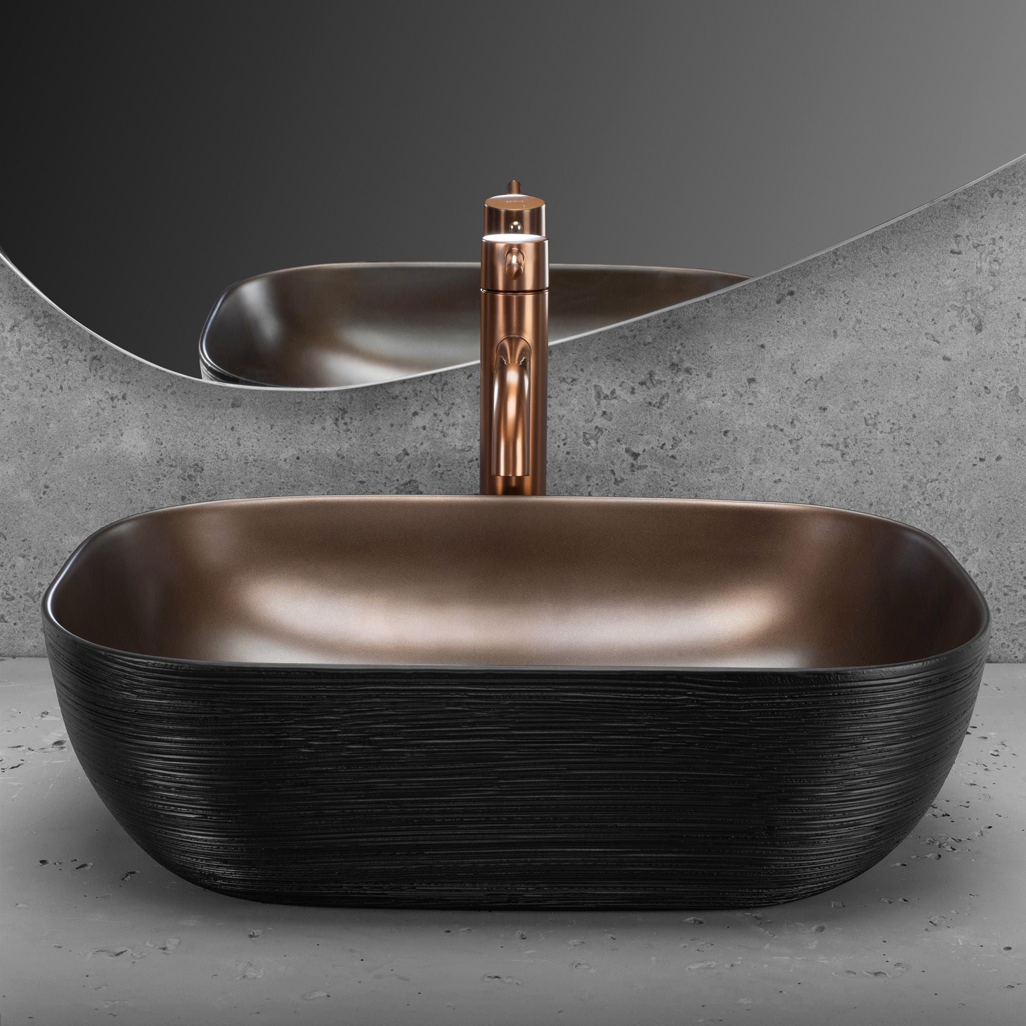 Lavoar baie pe blat dreptunghiular 46,5 cm ceramic negru cupru periat – Rea Belinda Copper Brush Black