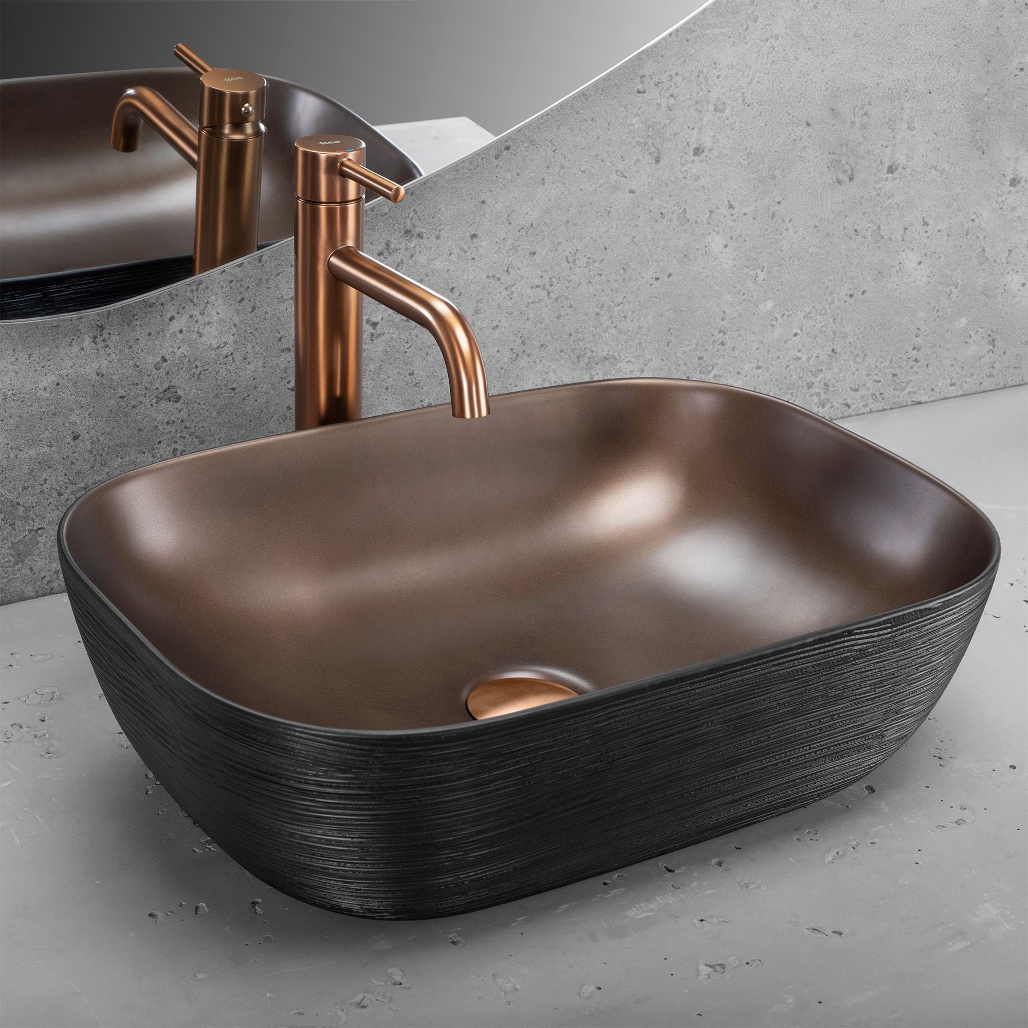 Lavoar baie pe blat dreptunghiular 46,5 cm ceramic negru cupru periat – Rea Belinda Copper Brush Black