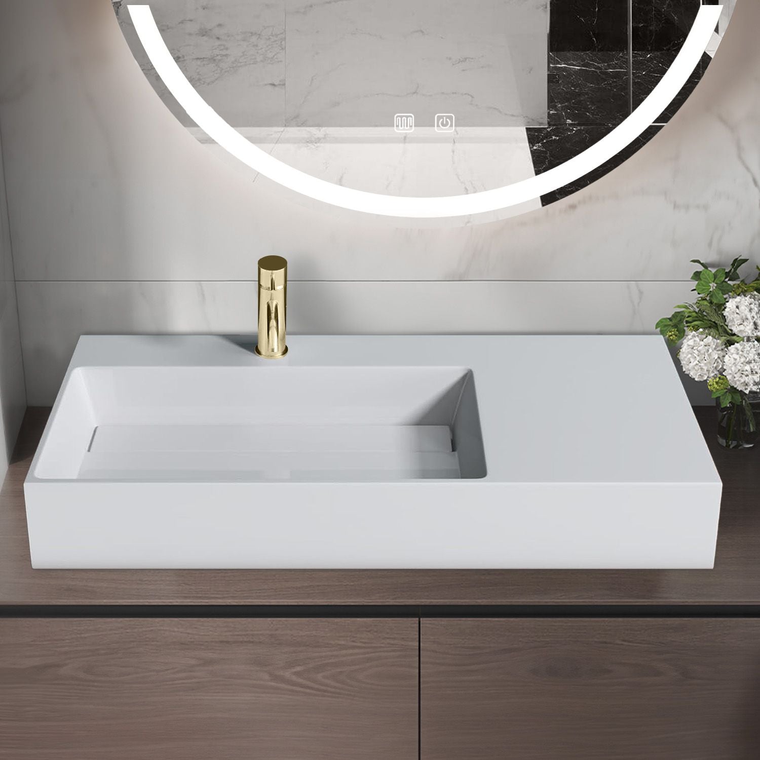 Lavoar baie pe blat dreptunghiular 75 cm conglomerat alb lucios – Rea Archi