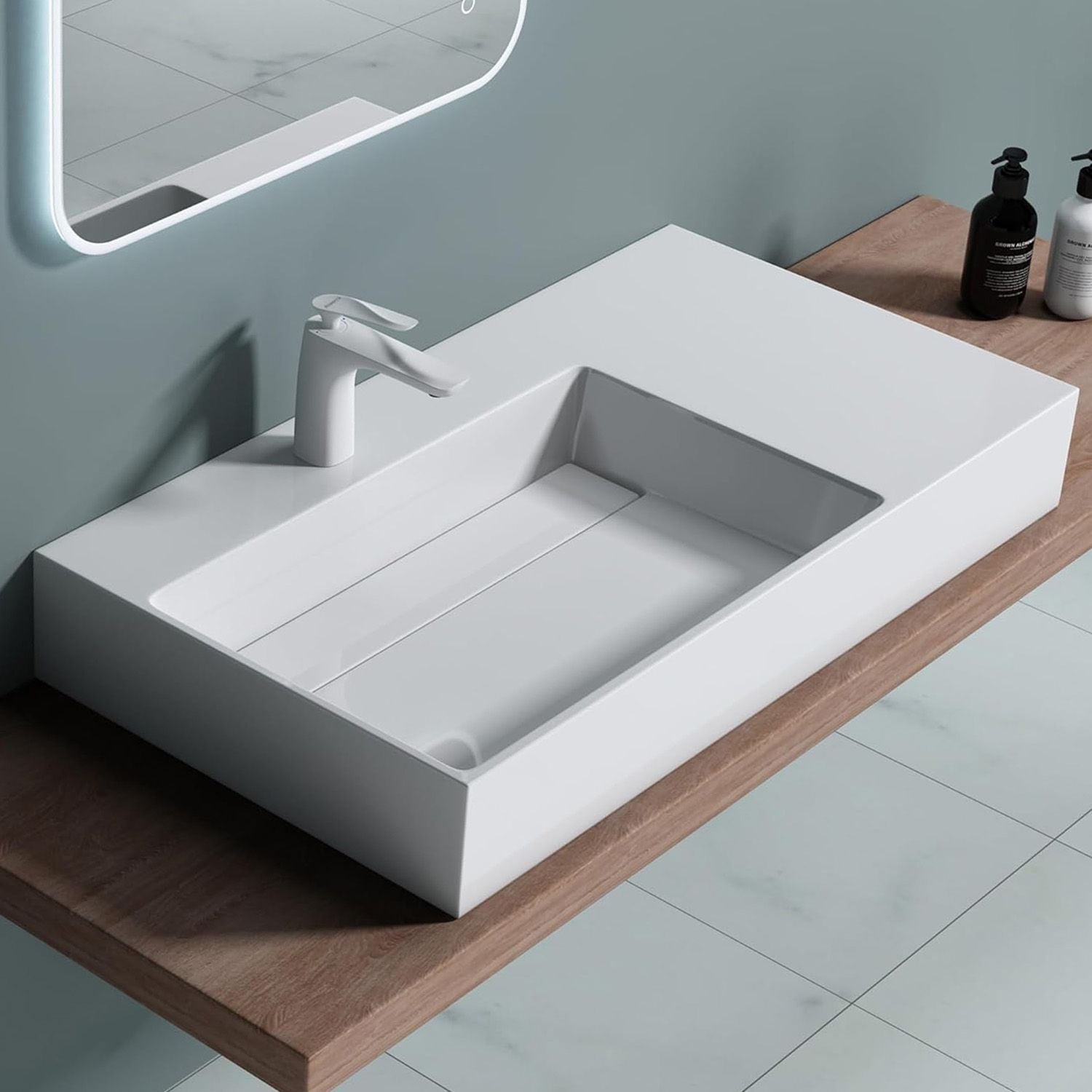 Lavoar baie pe blat dreptunghiular 75 cm conglomerat alb lucios – Rea Archi
