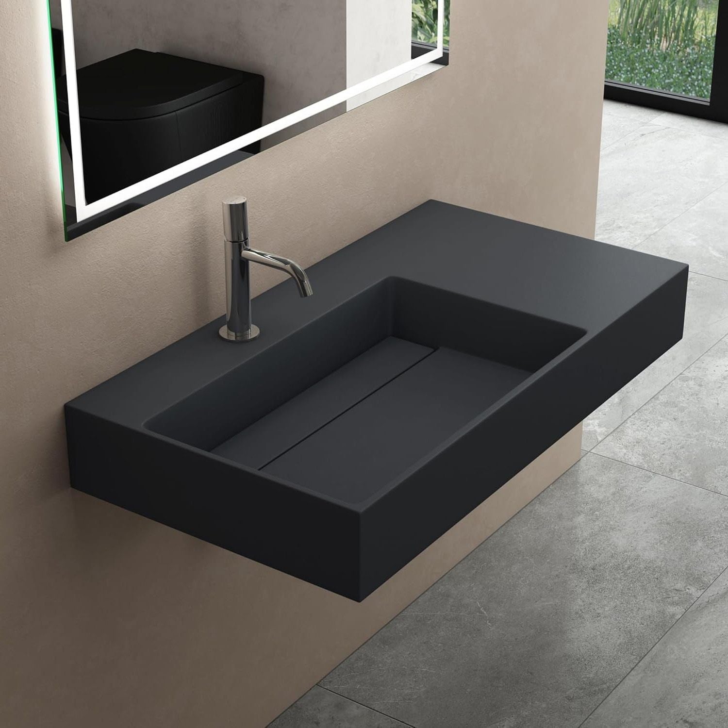 Lavoar baie pe blat dreptunghiular 90 cm conglomerat gri mat – Rea Archi