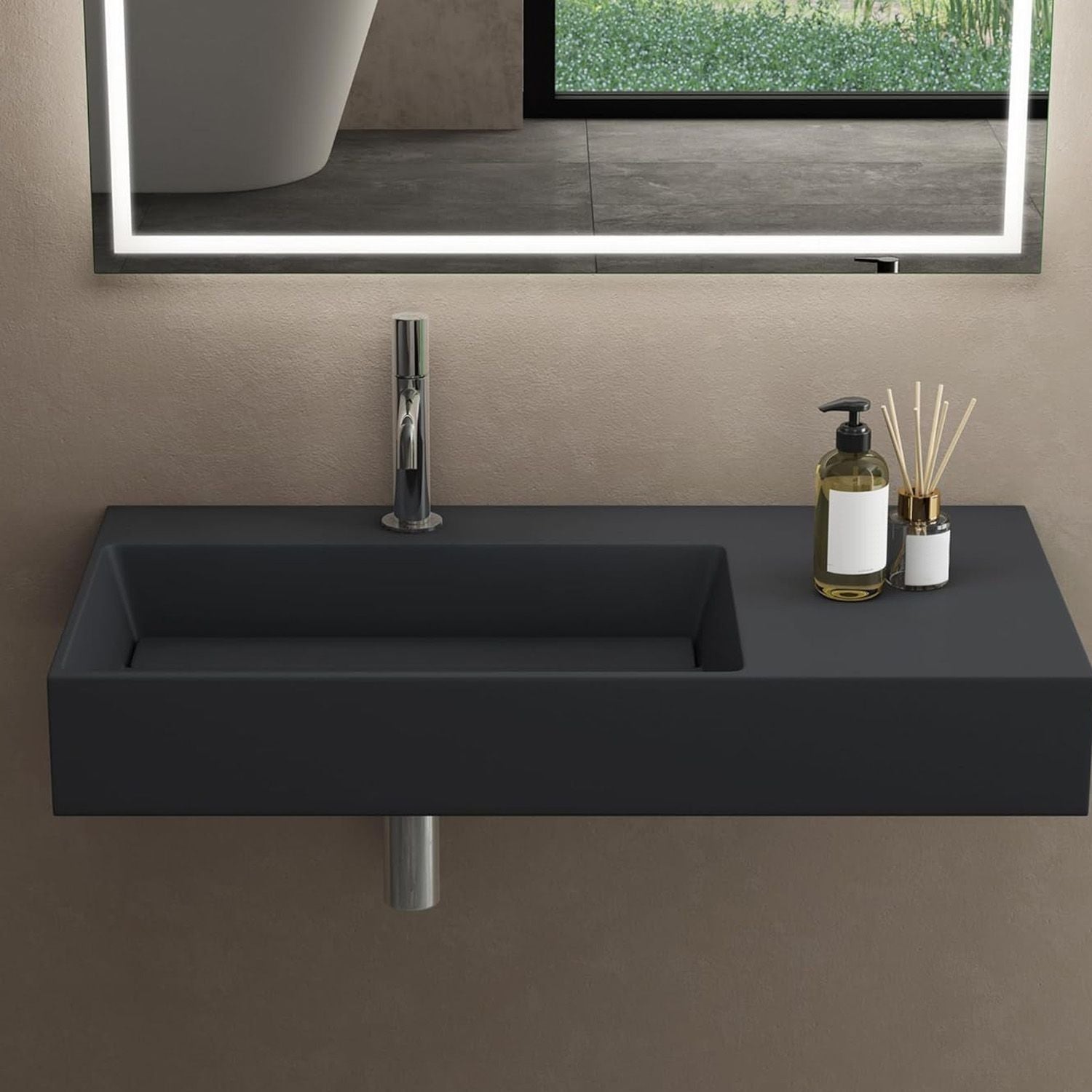 Lavoar baie pe blat dreptunghiular 90 cm conglomerat gri mat – Rea Archi