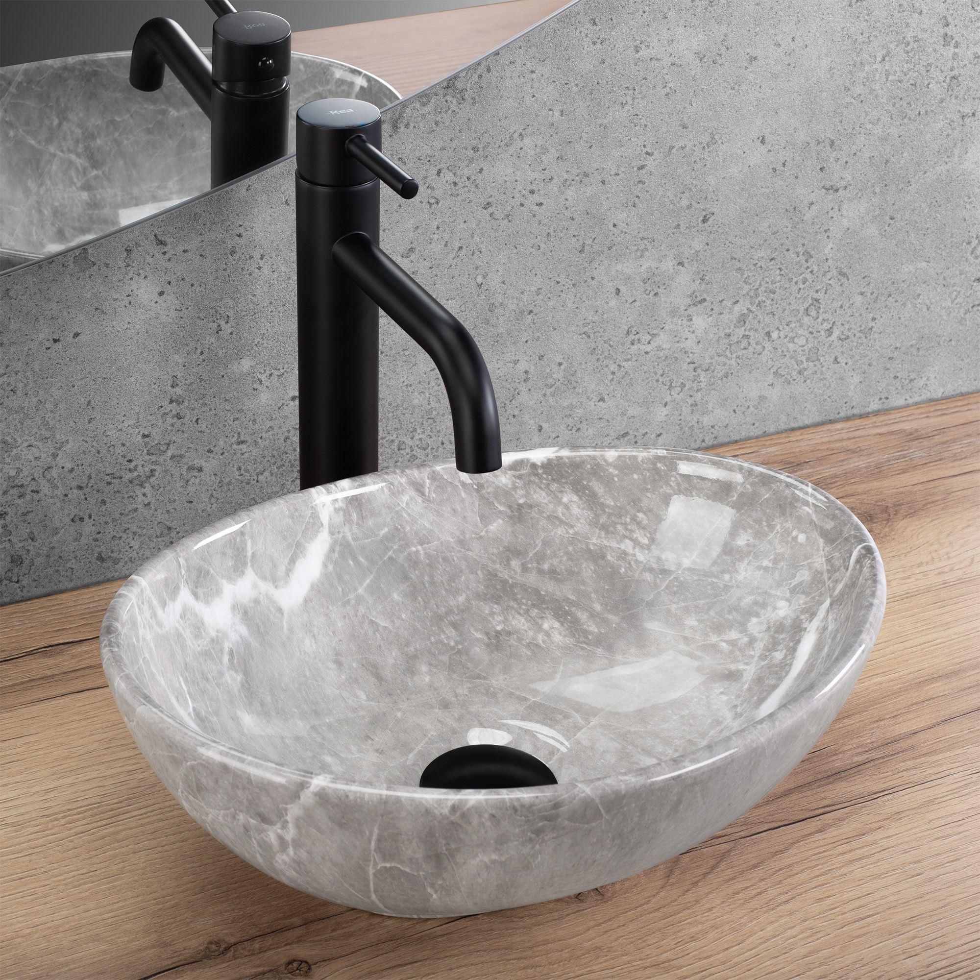 Lavoar baie pe blat oval 35 cm ceramic imitație piatră gri lucios – Rea Sofia Mini Grigio