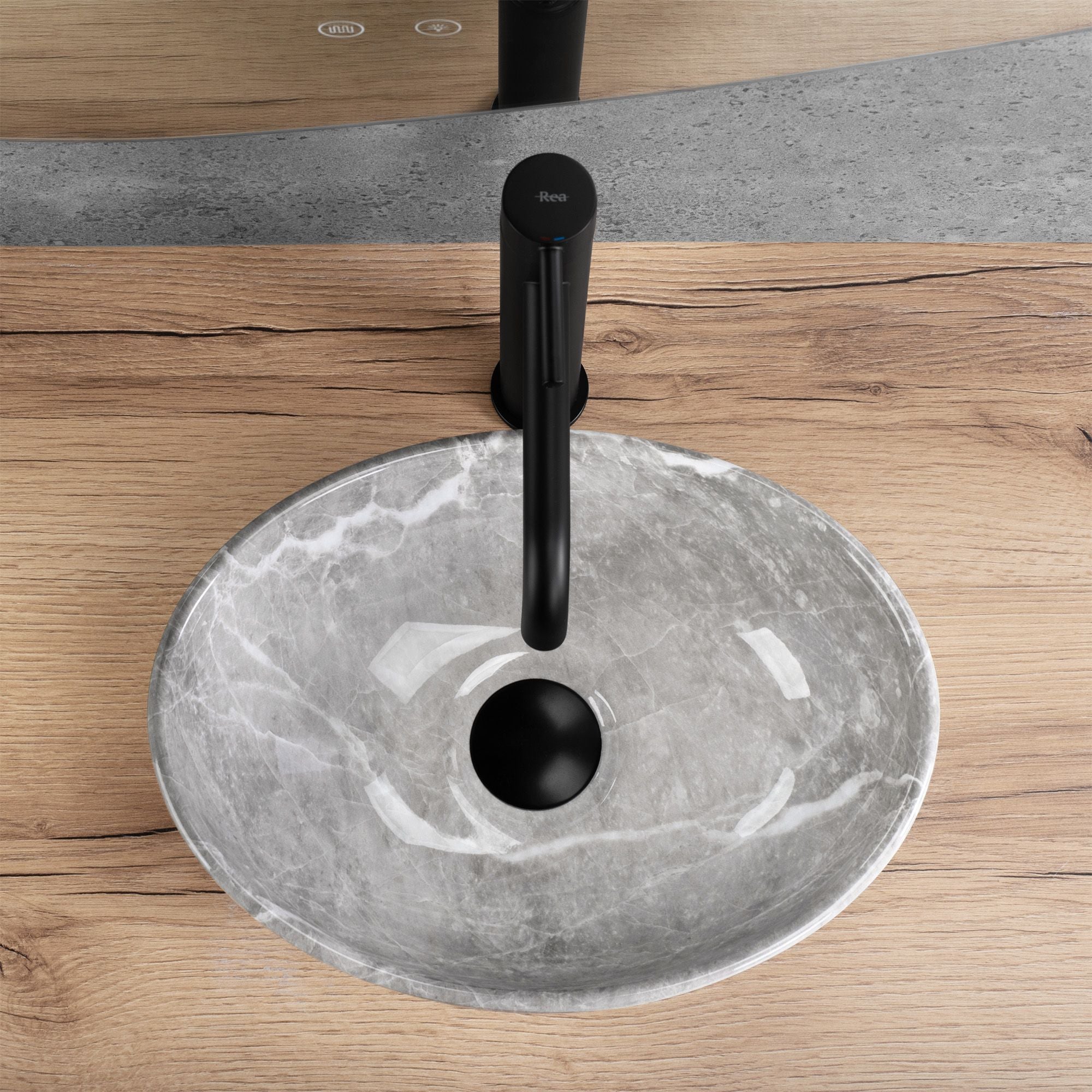 Lavoar baie pe blat oval 35 cm ceramic imitație piatră gri lucios – Rea Sofia Mini Grigio