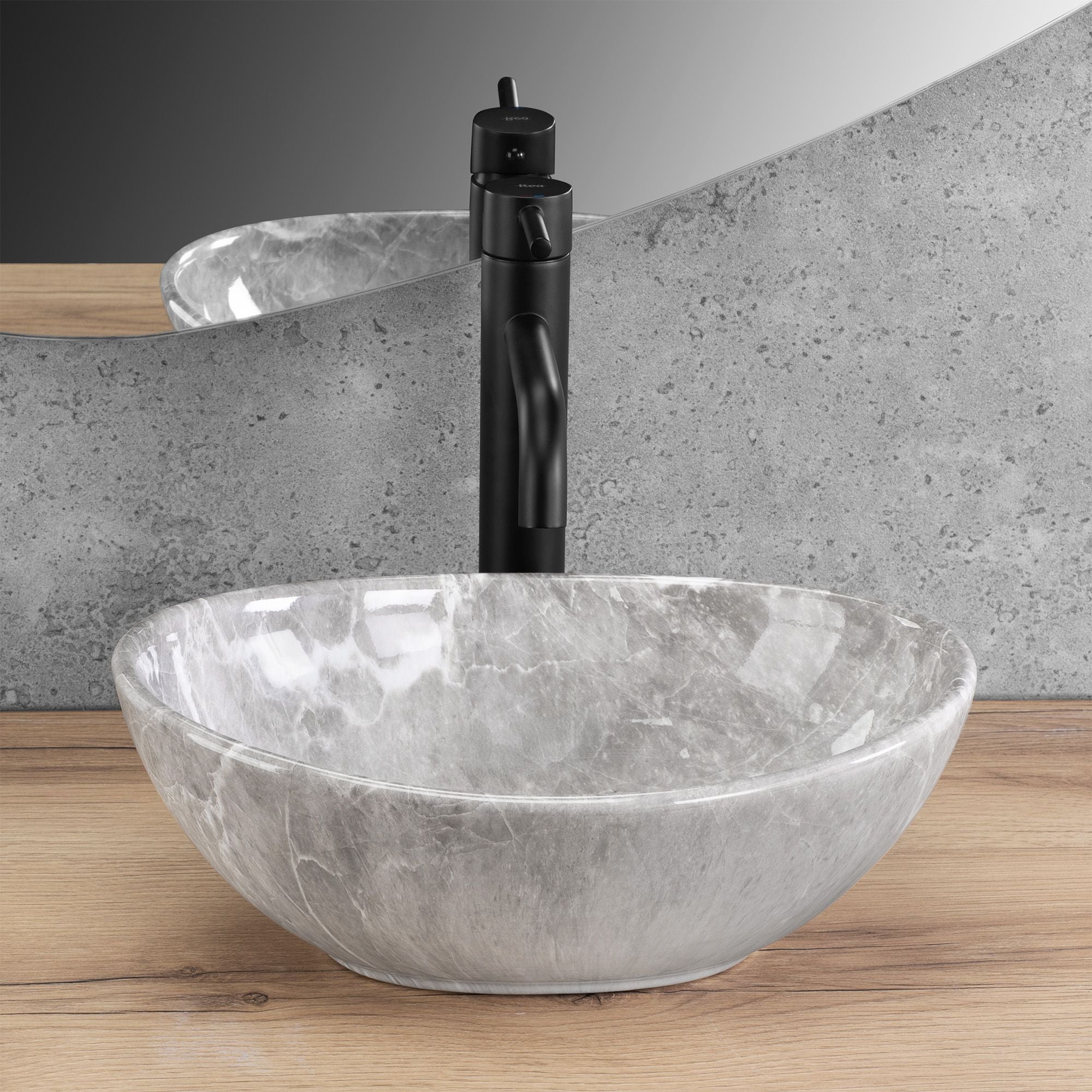 Lavoar baie pe blat oval 35 cm ceramic imitație piatră gri lucios – Rea Sofia Mini Grigio