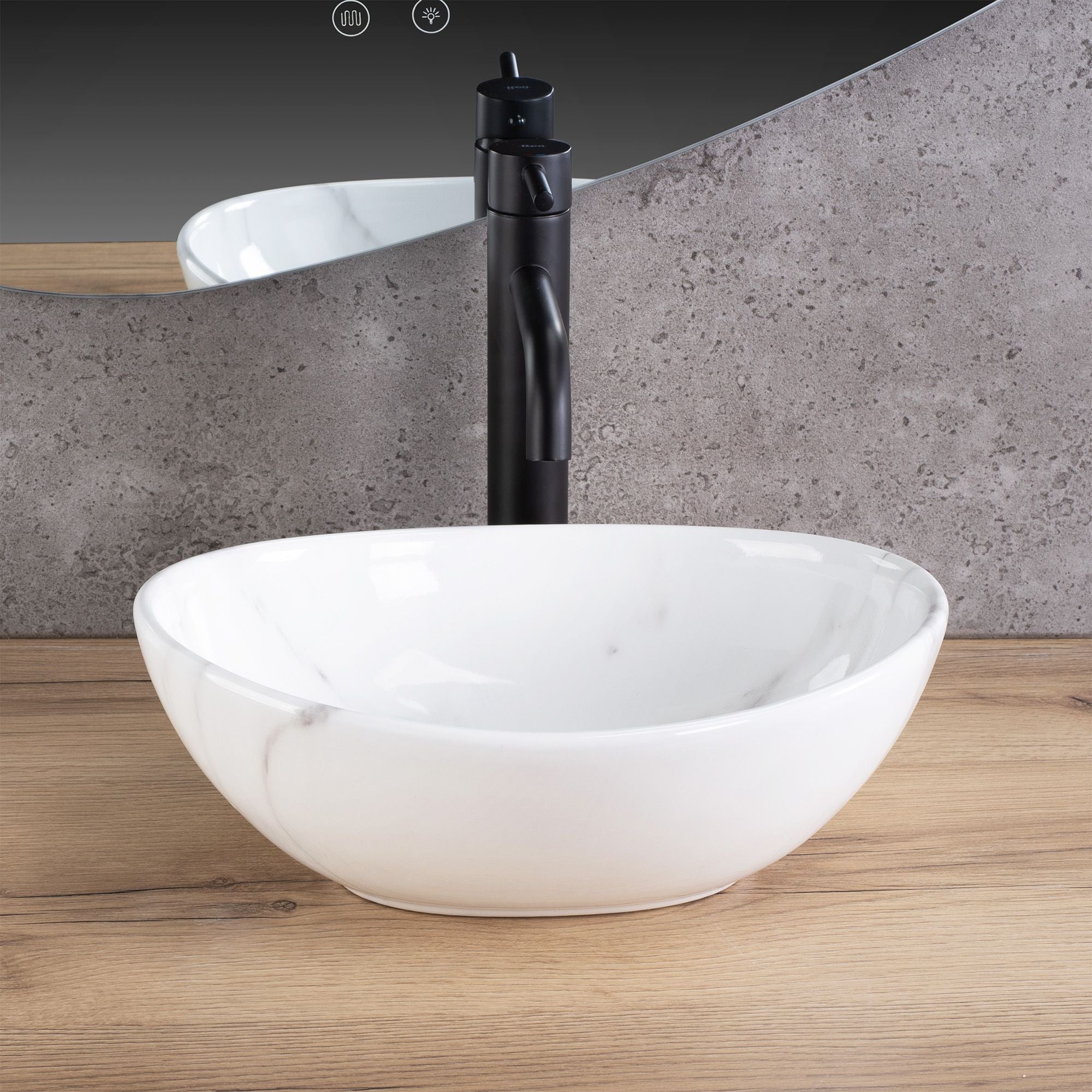 Lavoar baie pe blat oval 36 cm ceramic imitație piatră alb lucios – Rea Sofia Mini Cloudy