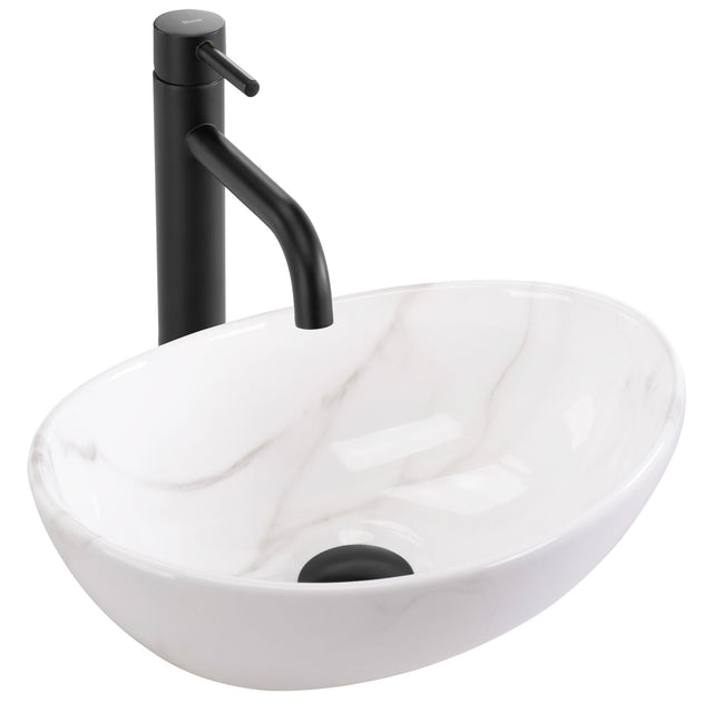 Lavoar baie pe blat oval 36 cm ceramic imitație piatră alb lucios – Rea Sofia Mini Cloudy