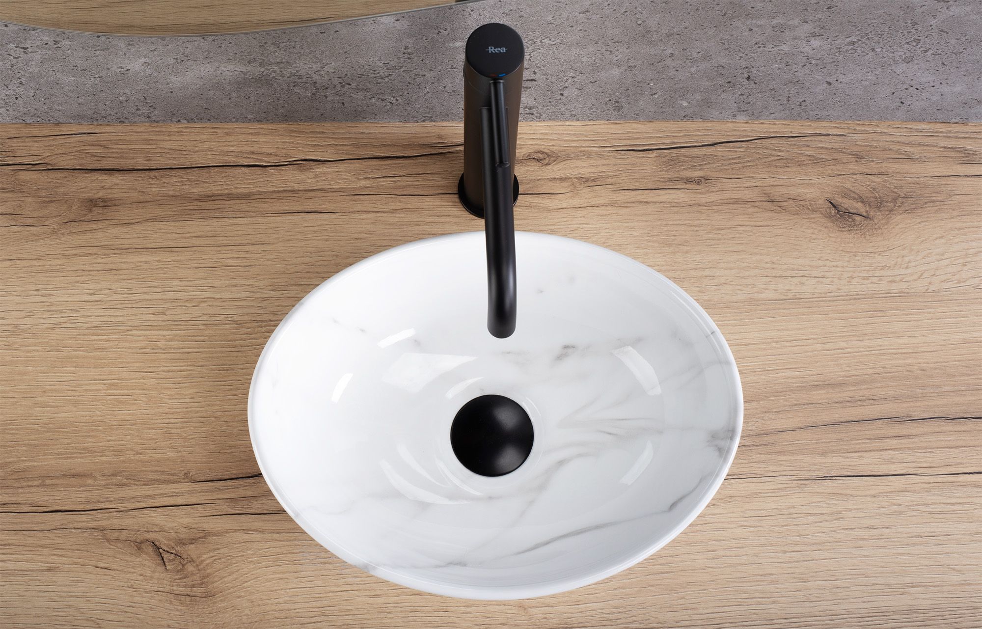 Lavoar baie pe blat oval 36 cm ceramic imitație piatră alb lucios – Rea Sofia Mini Cloudy