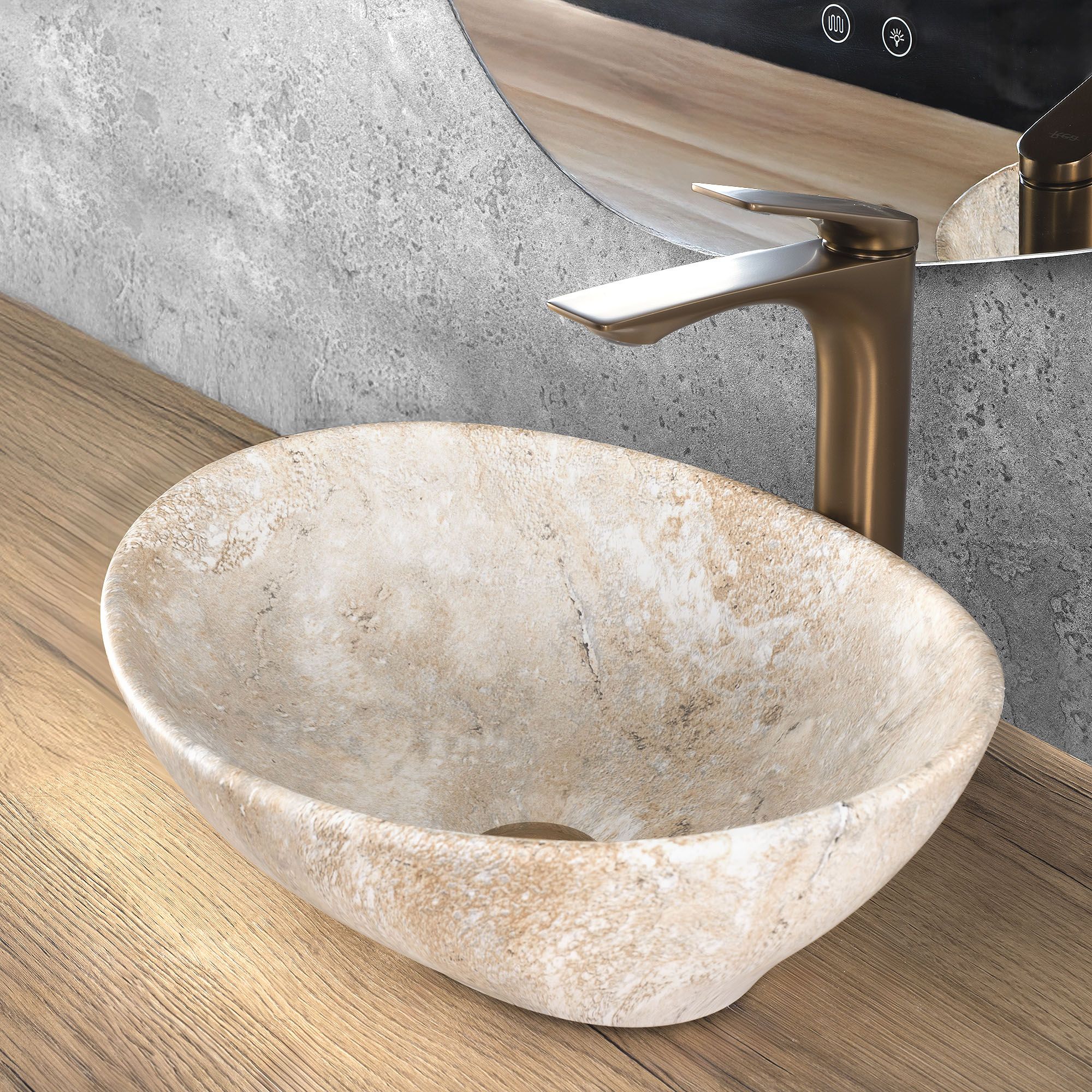 Lavoar baie pe blat oval 41 cm ceramic imitație piatră mat – Rea Sofia Savana Matt