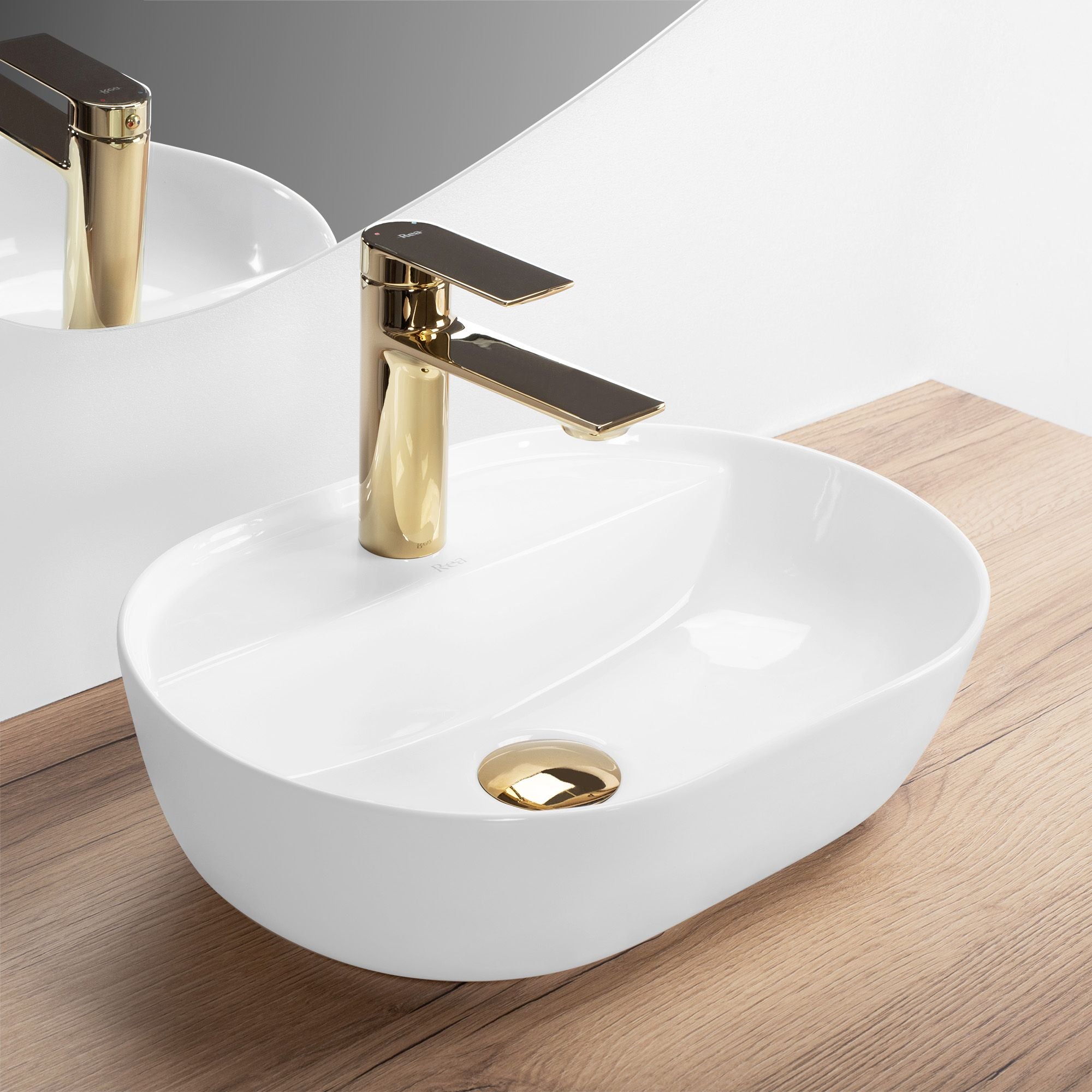 Lavoar baie pe blat oval 42 cm ceramic alb lucios – Rea Aura 42