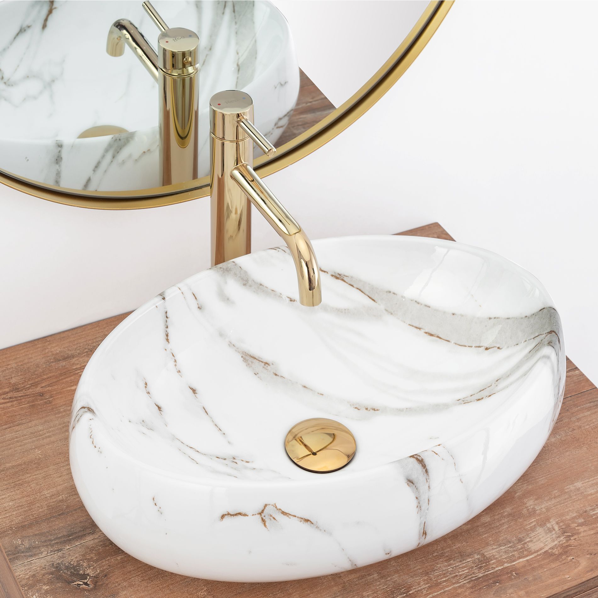 Lavoar baie pe blat oval 48,5 cm ceramică imitatie piatră alb mat – Rea Linda