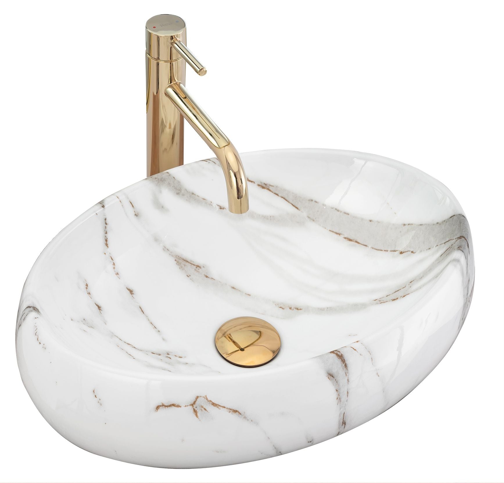 Lavoar baie pe blat oval 48,5 cm ceramică imitatie piatră alb mat – Rea Linda