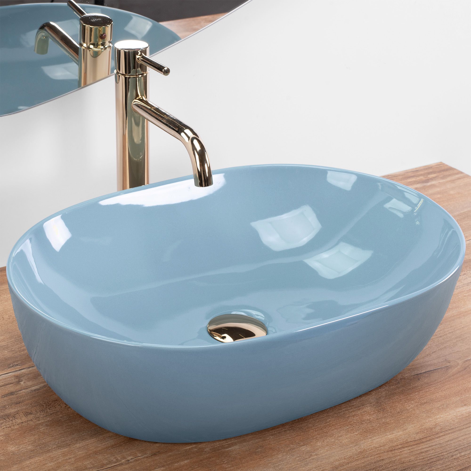 Lavoar baie pe blat oval 49 cm ceramic albastru lucios – Rea Lisa L. Blue Shiny