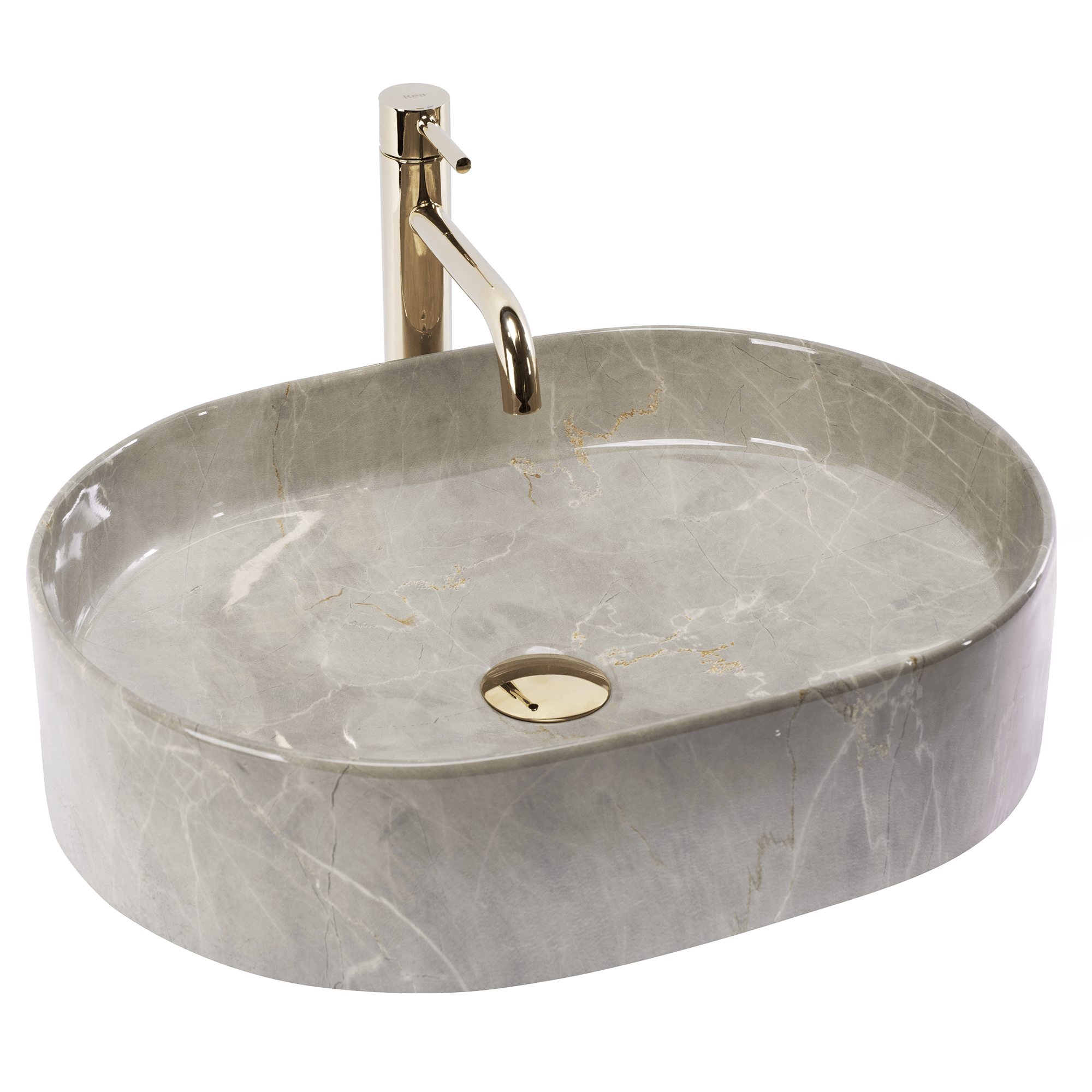 Lavoar baie pe blat oval 50 cm ceramic imitație piatră gri lucios – Rea Nadia 50 Kashmir