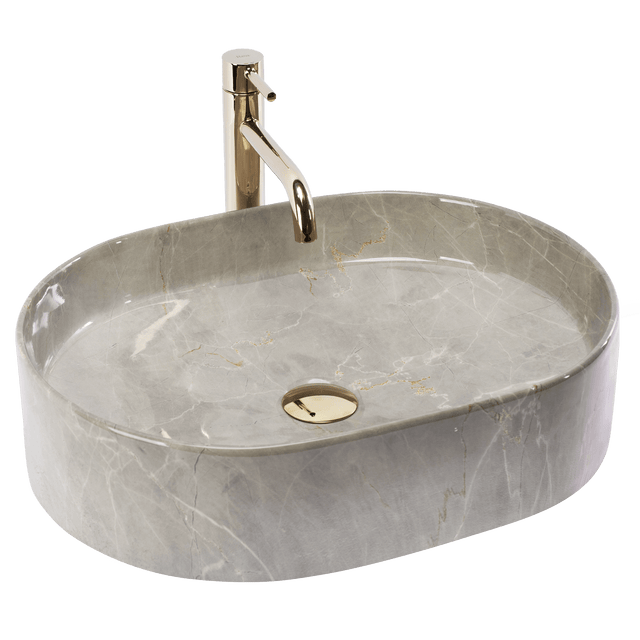 Lavoar baie pe blat oval 50 cm ceramic imitație piatră gri lucios – Rea Nadia 50 Kashmir