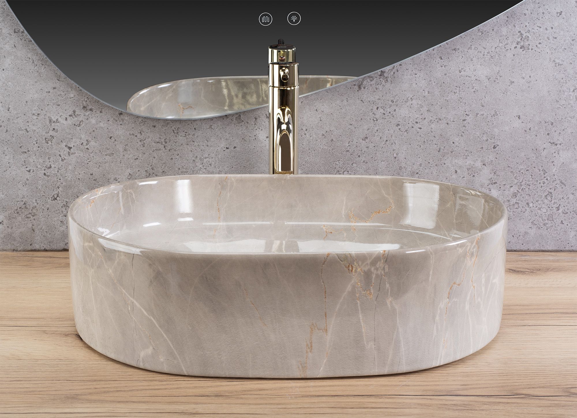 Lavoar baie pe blat oval 50 cm ceramic imitație piatră gri lucios – Rea Nadia 50 Kashmir