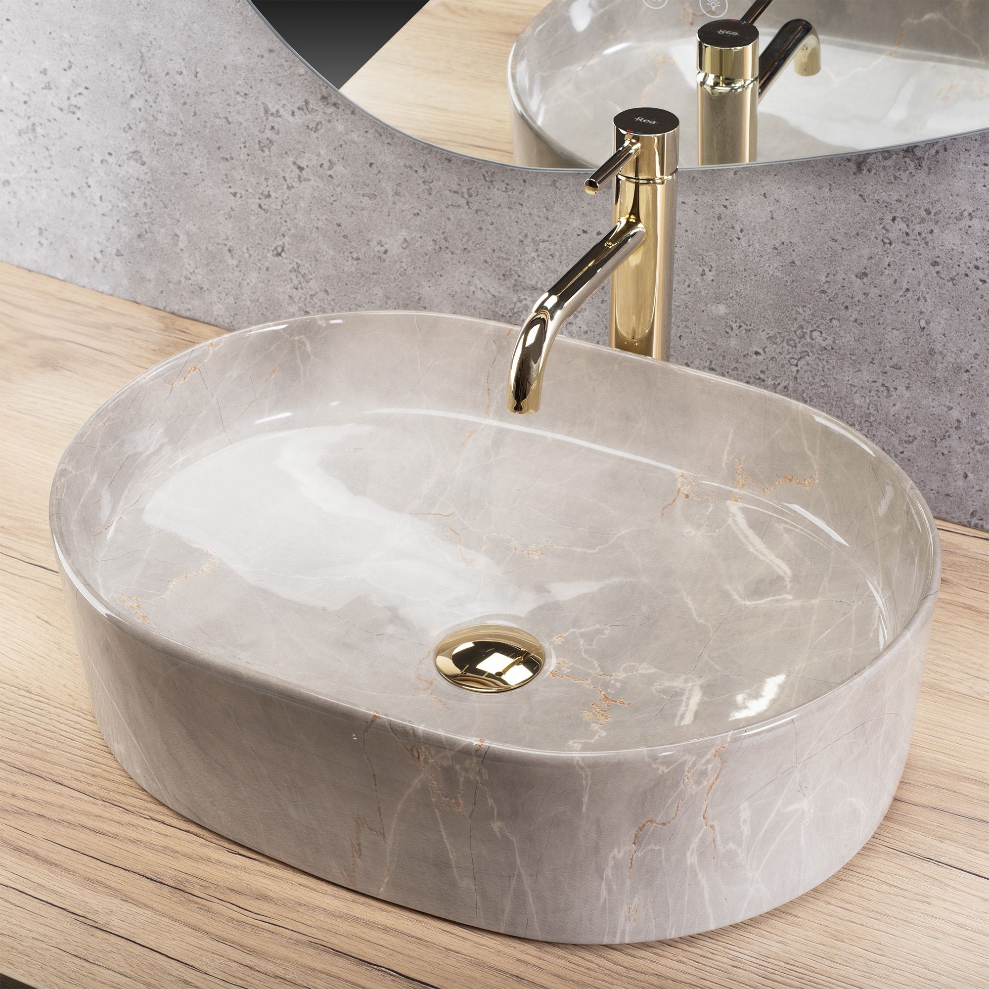 Lavoar baie pe blat oval 50 cm ceramic imitație piatră gri lucios – Rea Nadia 50 Kashmir