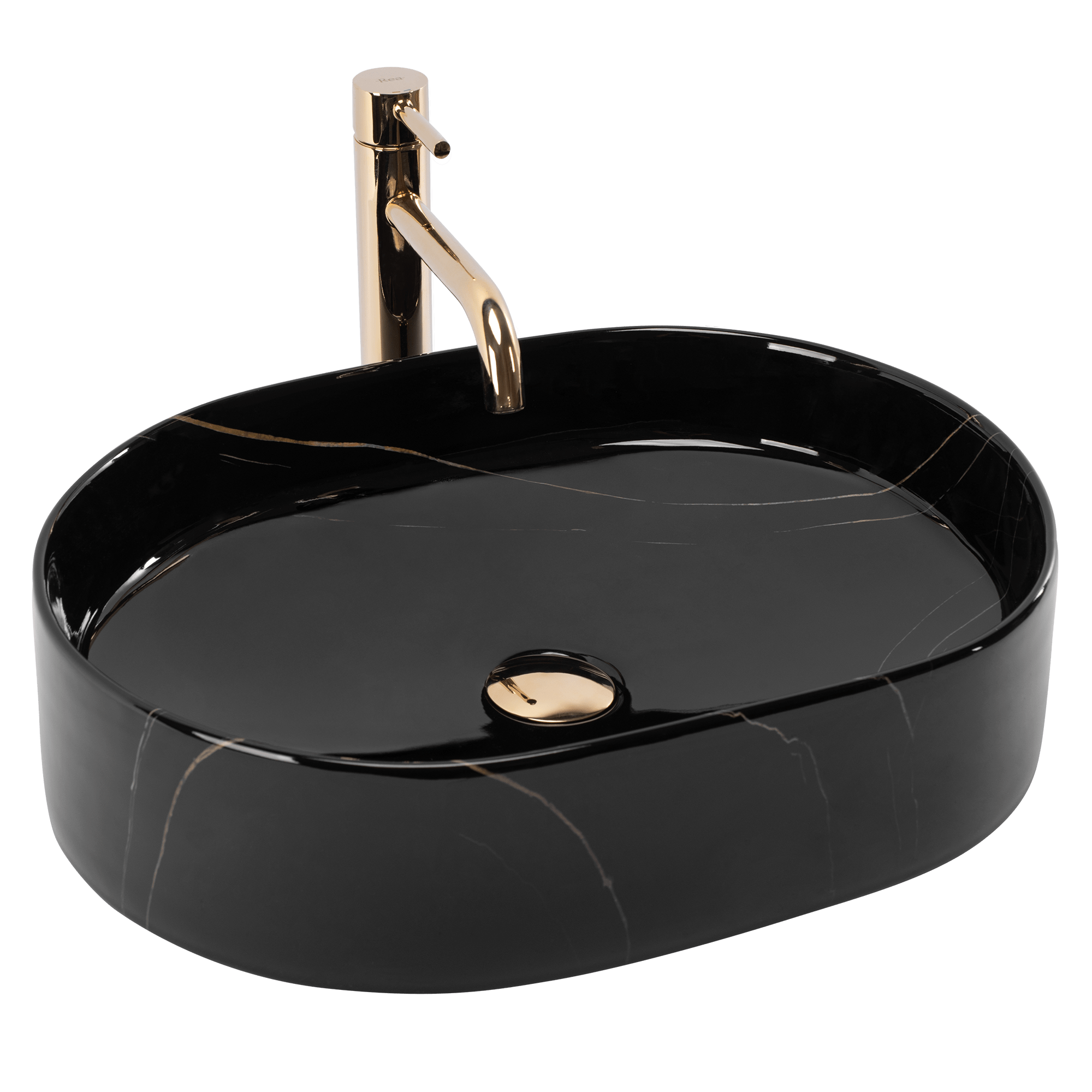 Lavoar baie pe blat oval 50 cm ceramic imitație piatră negru lucios – Rea Nadia 50 Black Stone