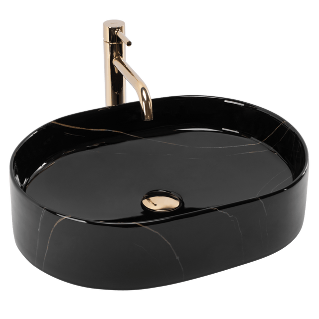 Lavoar baie pe blat oval 50 cm ceramic imitație piatră negru lucios – Rea Nadia 50 Black Stone