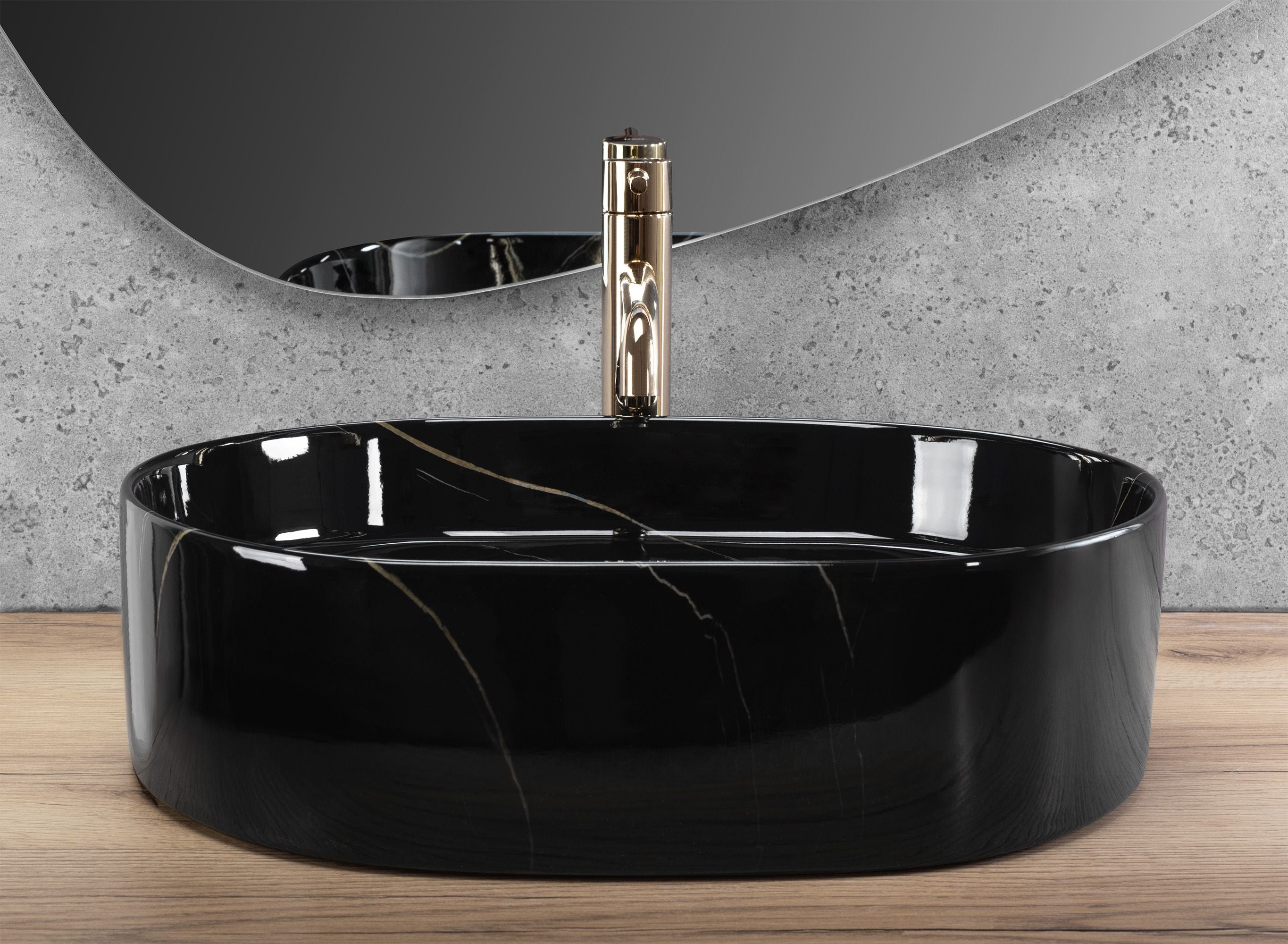 Lavoar baie pe blat oval 50 cm ceramic imitație piatră negru lucios – Rea Nadia 50 Black Stone