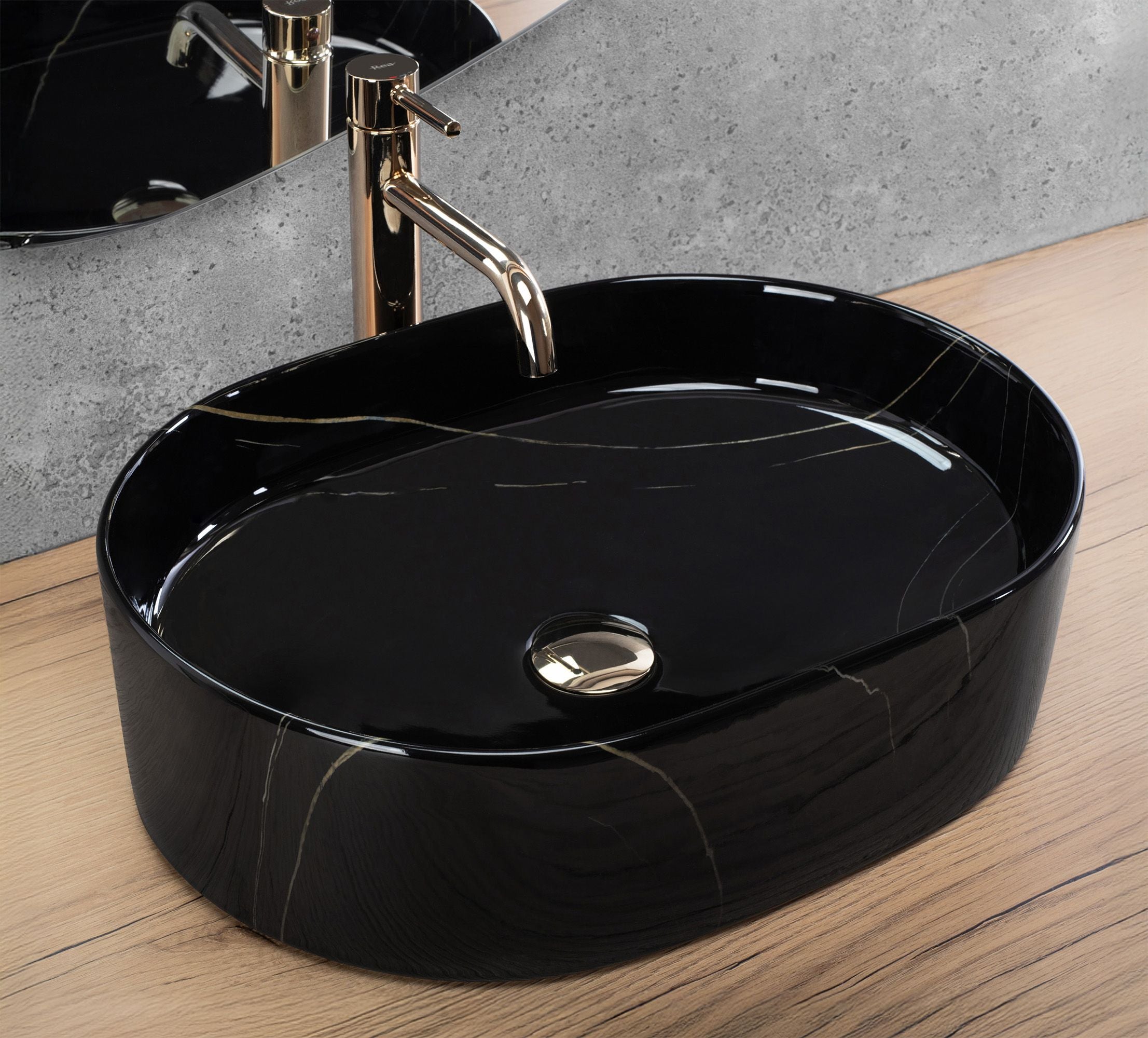 Lavoar baie pe blat oval 50 cm ceramic imitație piatră negru lucios – Rea Nadia 50 Black Stone