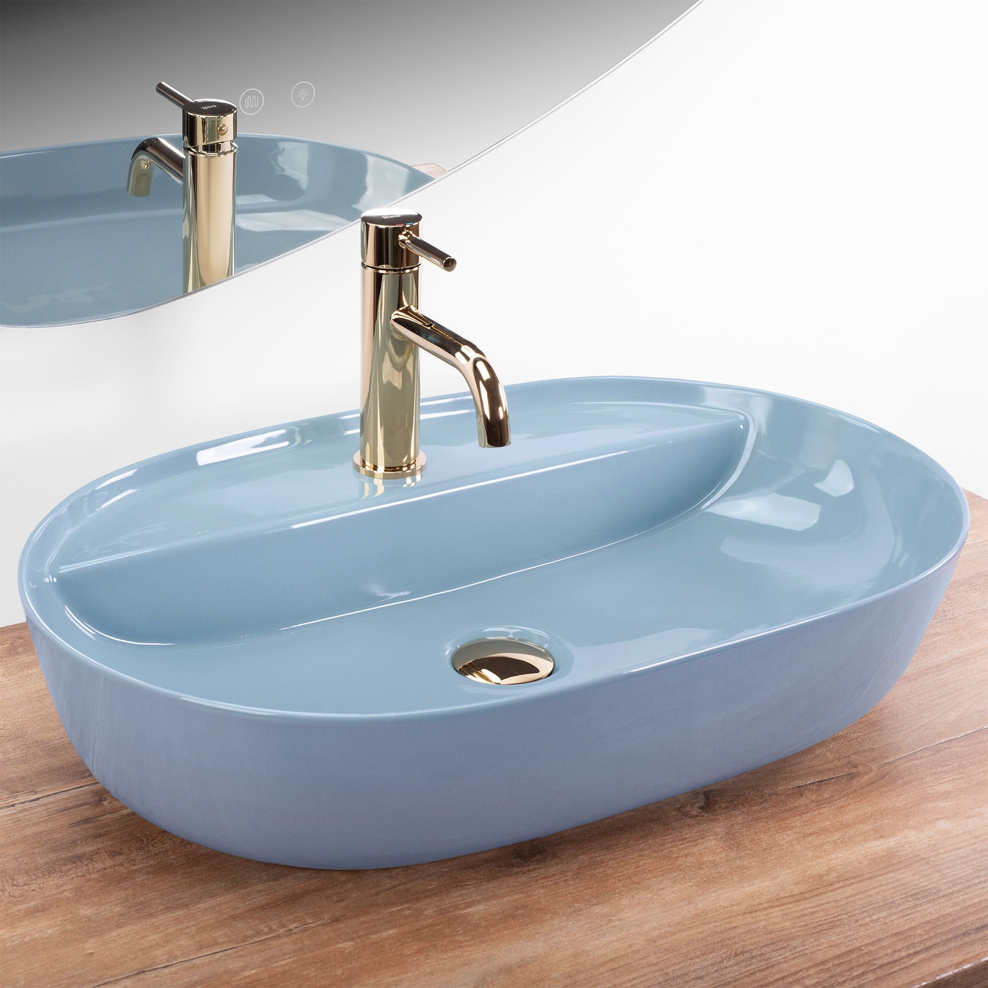 Lavoar baie pe blat oval 61 cm ceramic albastru lucios – Rea Aura 61 L.Blue Shiny