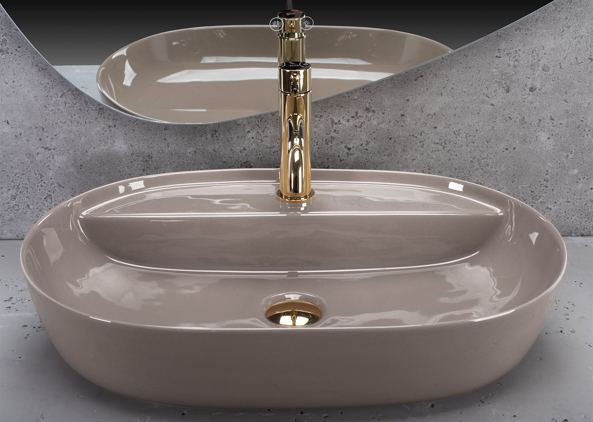 Lavoar baie pe blat oval 61 cm ceramic bej lucios – Rea Aura 61 Beige Shiny