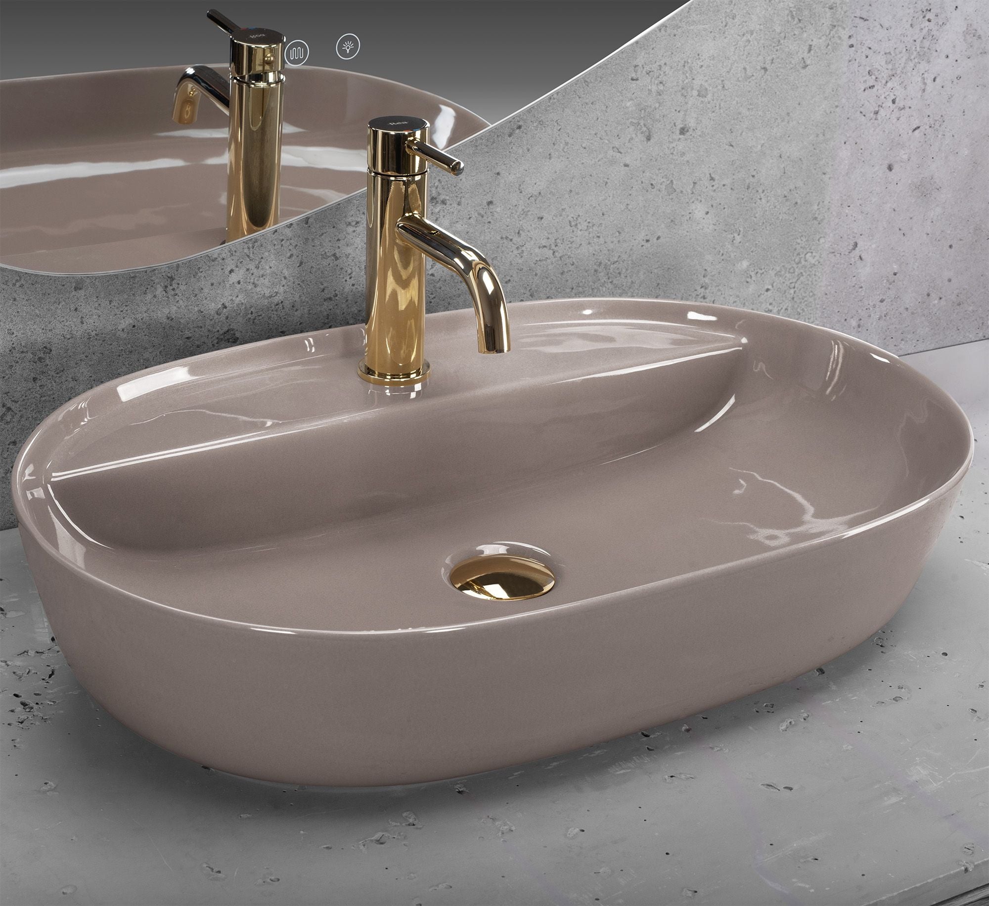 Lavoar baie pe blat oval 61 cm ceramic bej lucios – Rea Aura 61 Beige Shiny