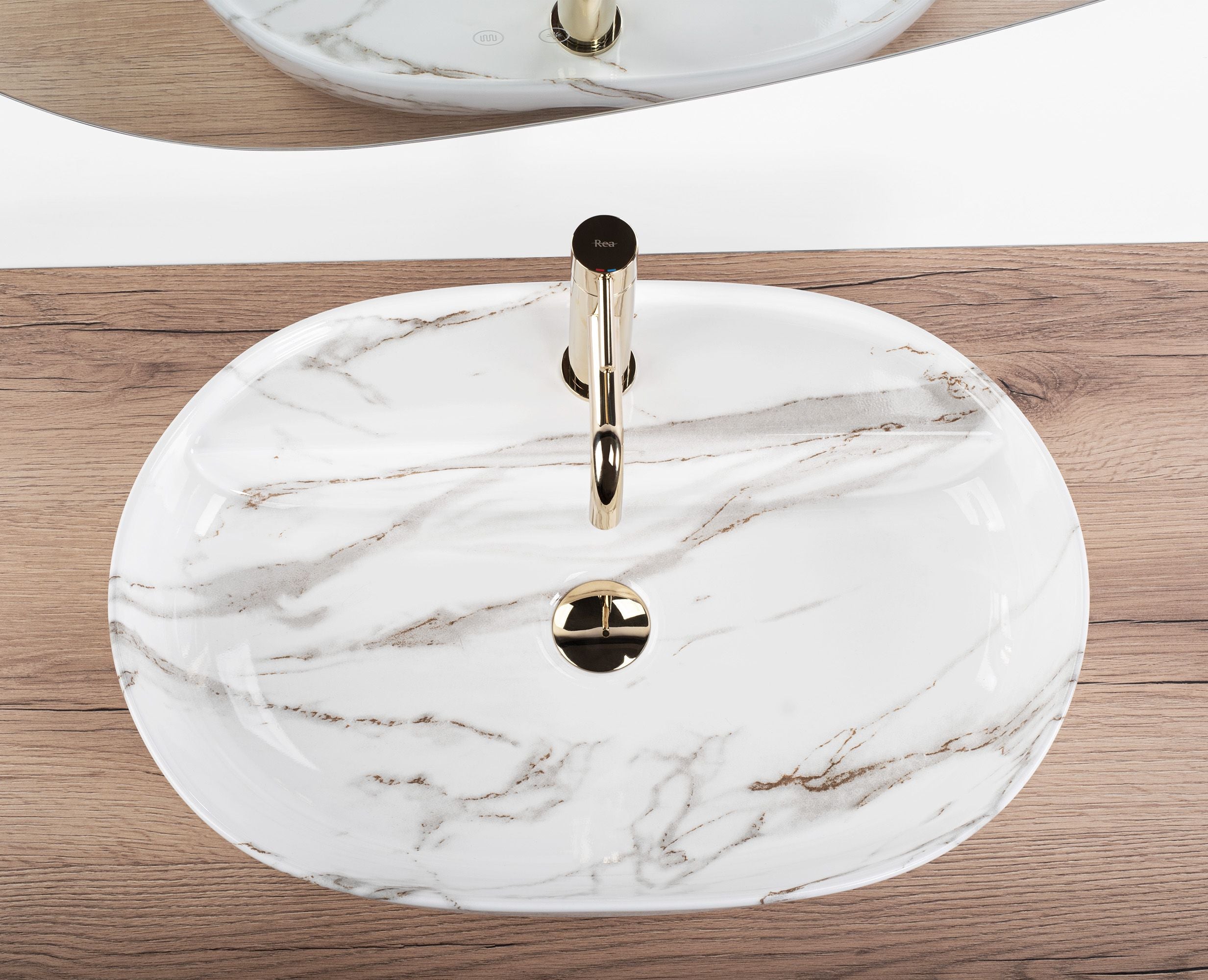 Lavoar baie pe blat oval 61 cm ceramic imitație piatră lucios – Rea Aura 61 Shiny Aiax