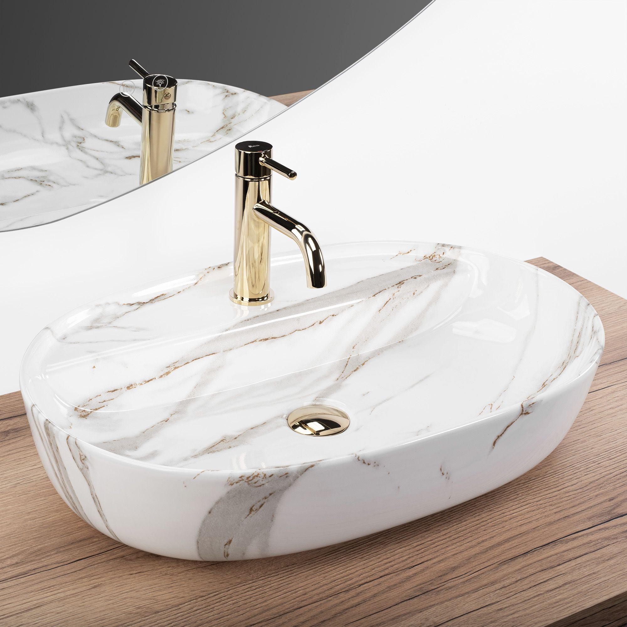 Lavoar baie pe blat oval 61 cm ceramic imitație piatră lucios – Rea Aura 61 Shiny Aiax