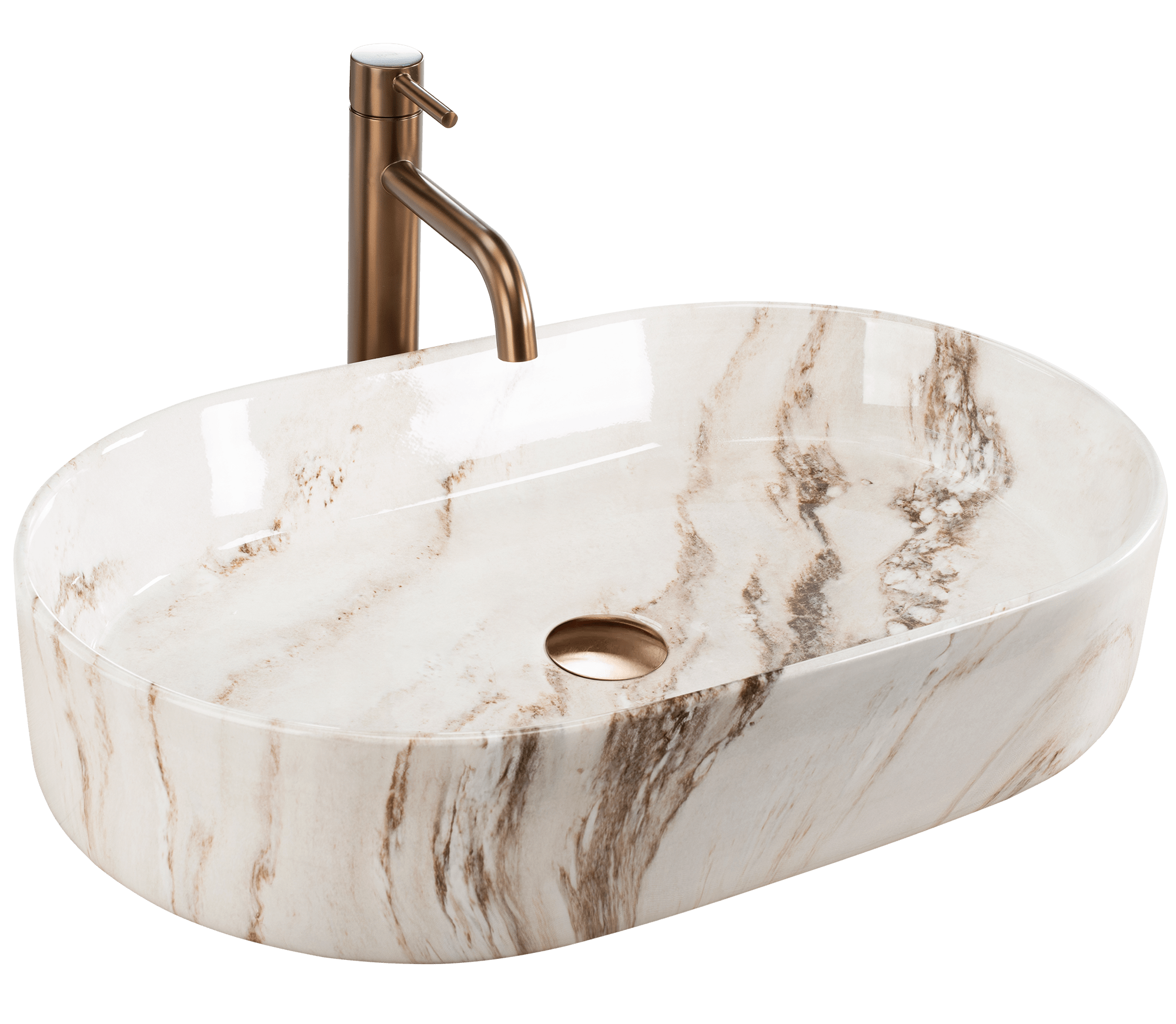 Lavoar baie pe blat oval 61 cm ceramic imitatie piatra maro lucios – Rea Nadia Marrone