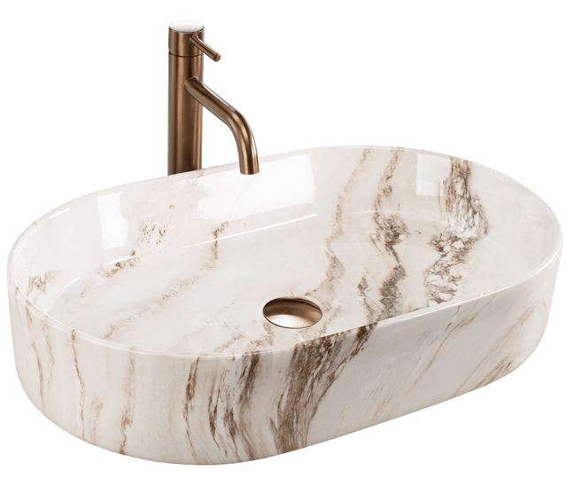 Lavoar baie pe blat oval 61 cm ceramic imitatie piatra maro lucios – Rea Nadia Marrone