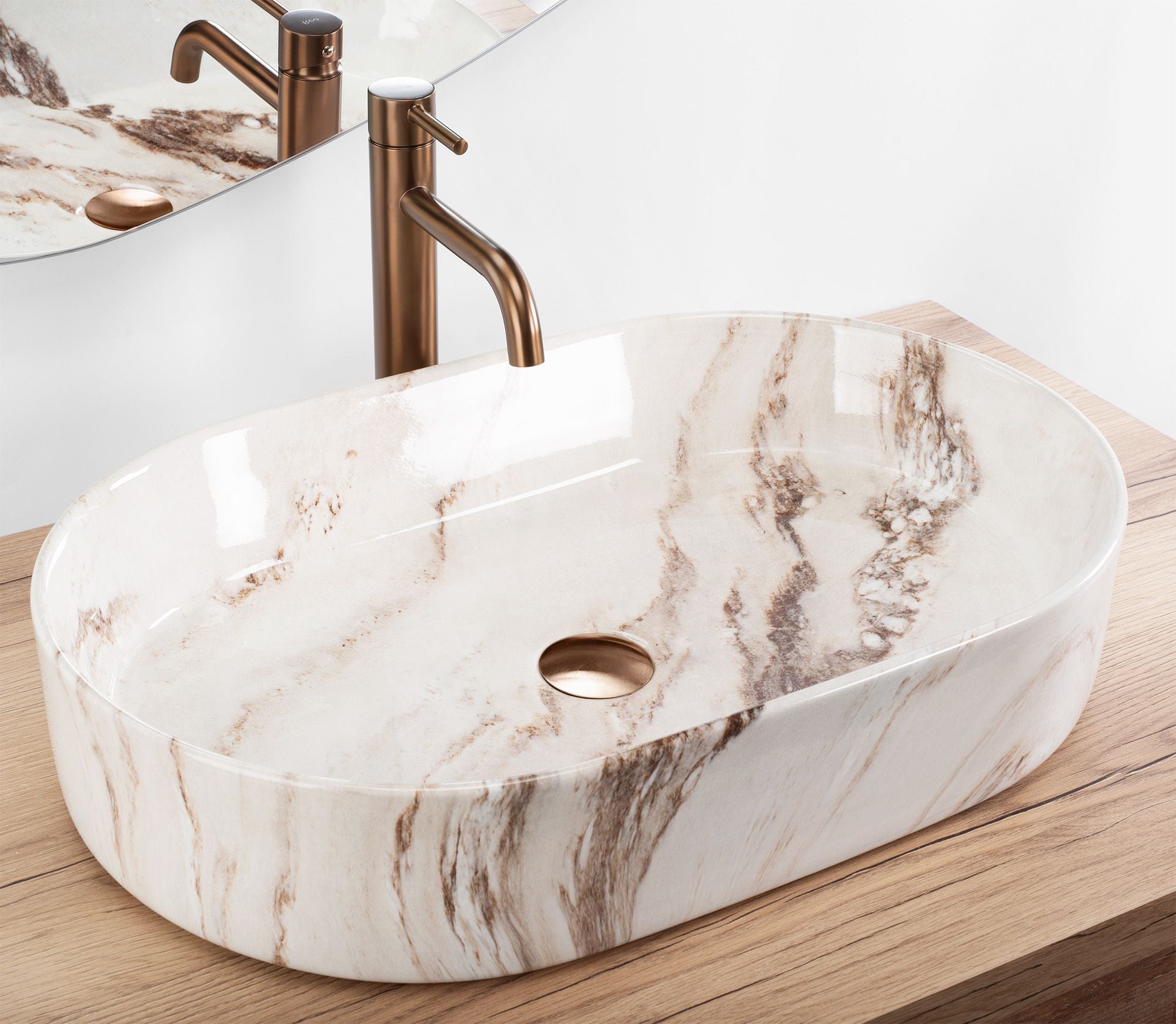 Lavoar baie pe blat oval 61 cm ceramic imitatie piatra maro lucios – Rea Nadia Marrone